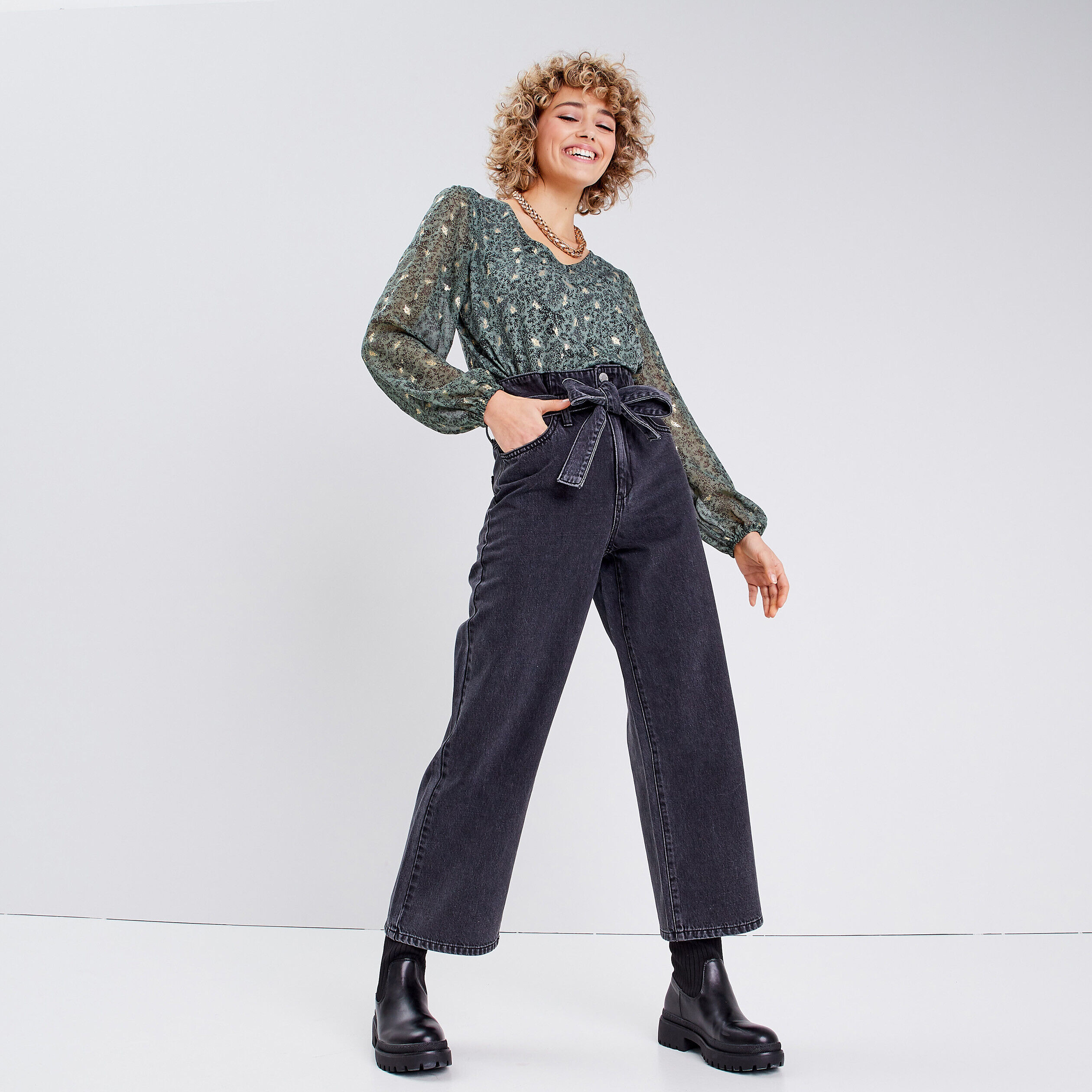 Jeans paperbag wide leg denim noir femme | Cache Cache