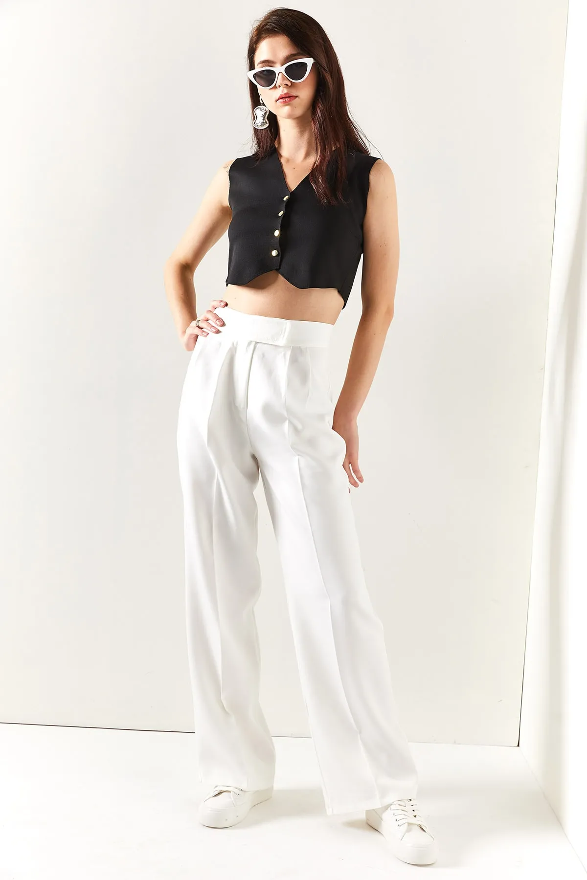 Olalook  Weiße Palazzo-Hose mit Klettverschluss in der Taille für Damen, PNT-19000222