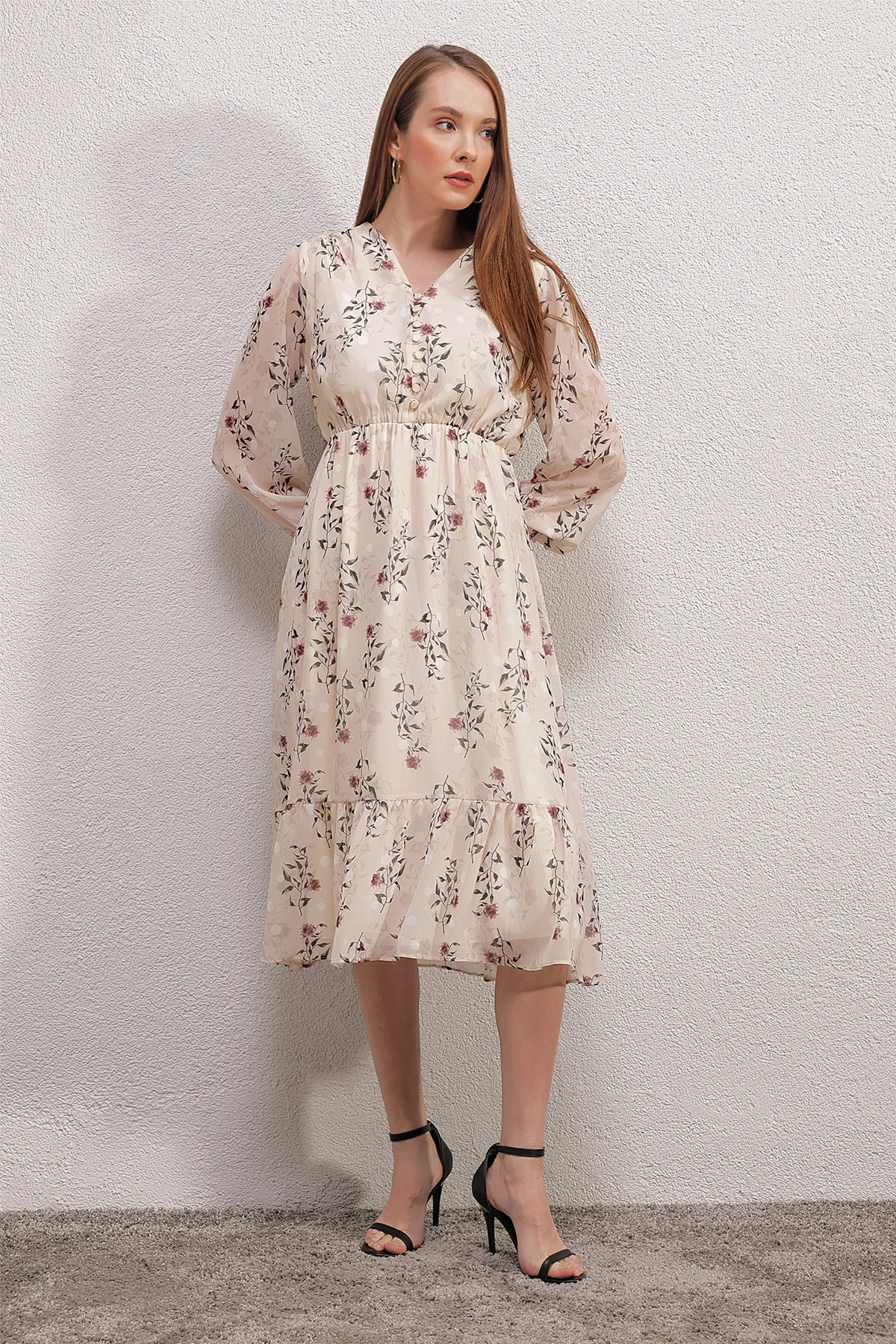 Bigdart  2137 Gemustertes Chiffonkleid – Creme