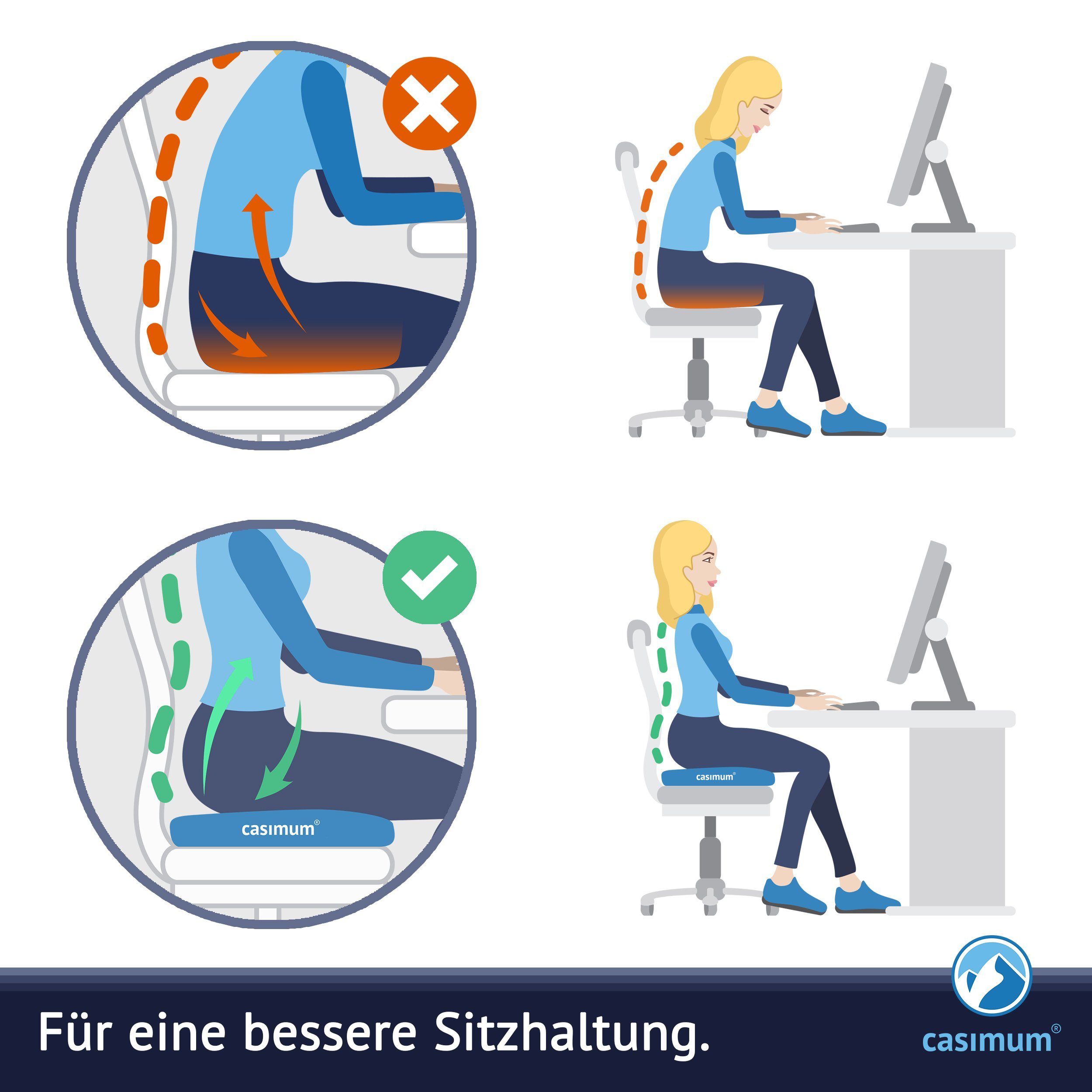 casimum Steißbeinkissen Ergonomisches Sitzkissen, Sitzkissen für Bürostuhl, Home Office Stuhlkissen, 45x33x7cm