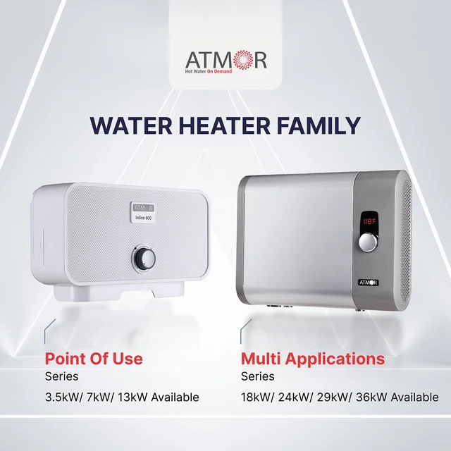 Atmor 18kW 3.73 GPM Electric Tankless Water Heater, ideal for 1 bedroom home, up to 3 simultaneous applications