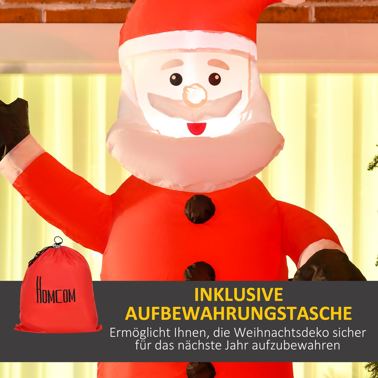 HOMCOM Weihnachtsdeko 2,10 m Weihnachtsmann mit Schornstein aufblasbar LED-Licht