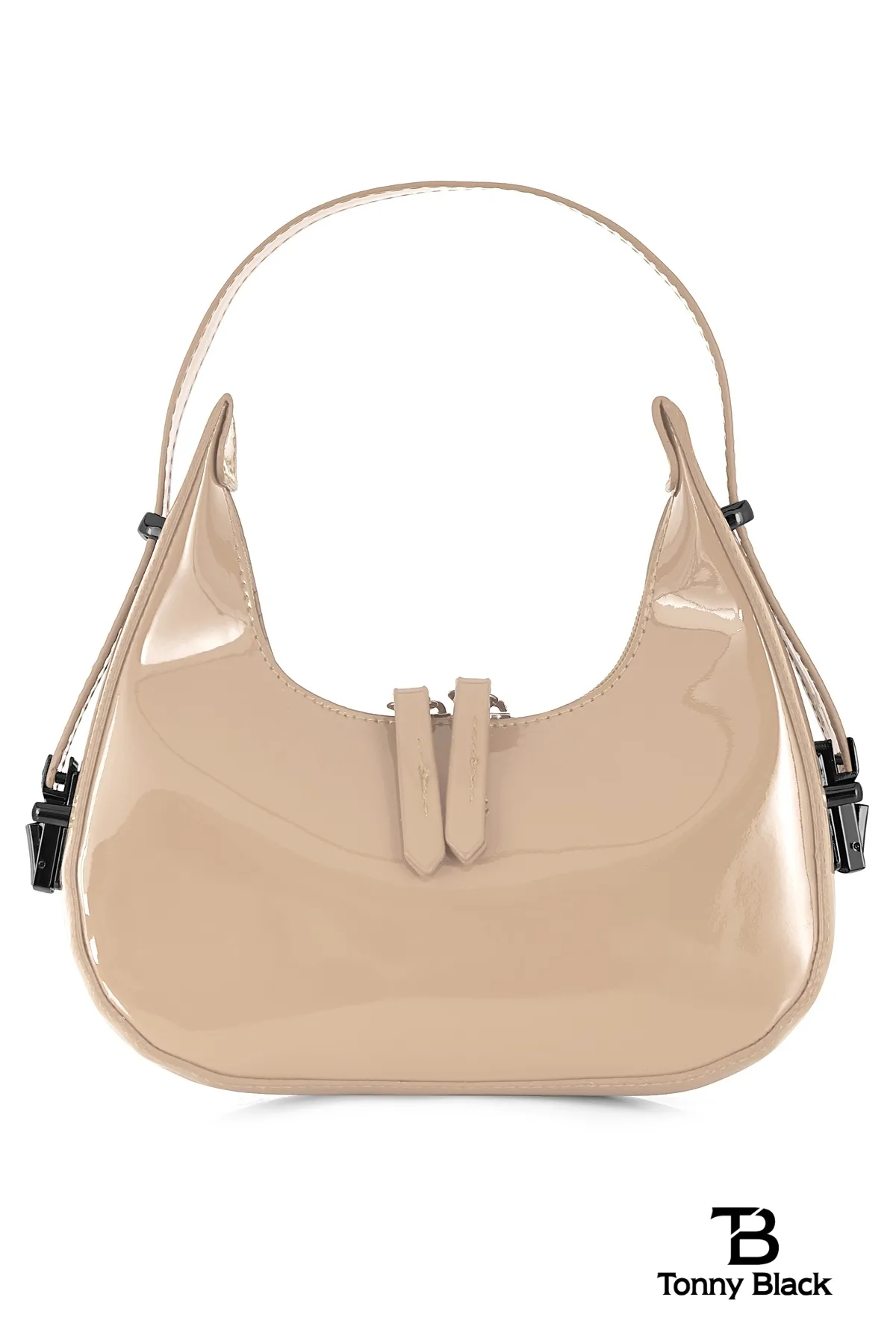 Tonny Black  Original neue Saison glänzendes Lackleder-Baguette-Modell, einäugige, stilvolle Handtasche und Umhängetasche, Nerz