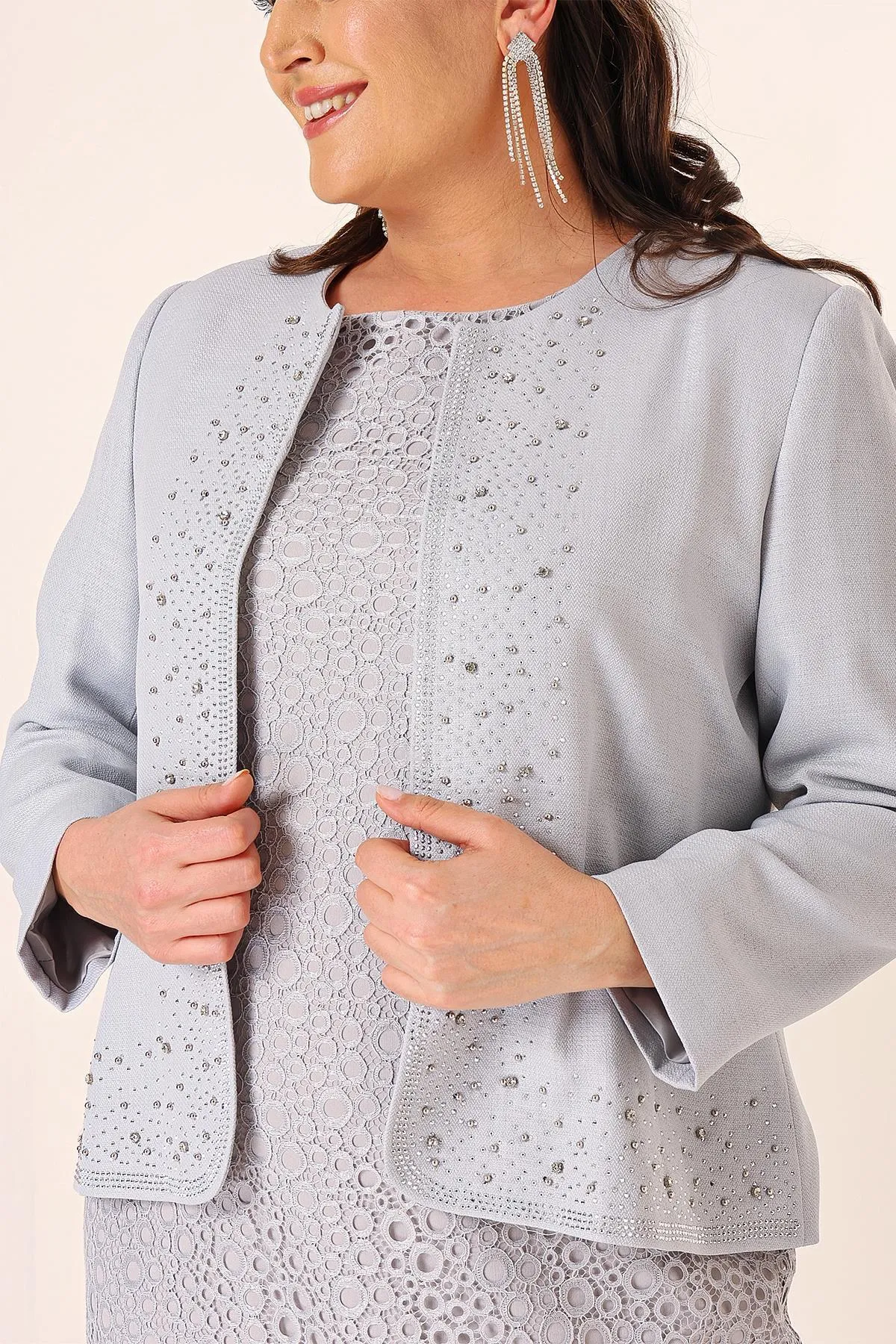 By Saygı  Ärmelloses Gülpür-Kleid, steinfarbene, detaillierte Kreppjacke, gefüttert, große Größe, 2-teiliges Set