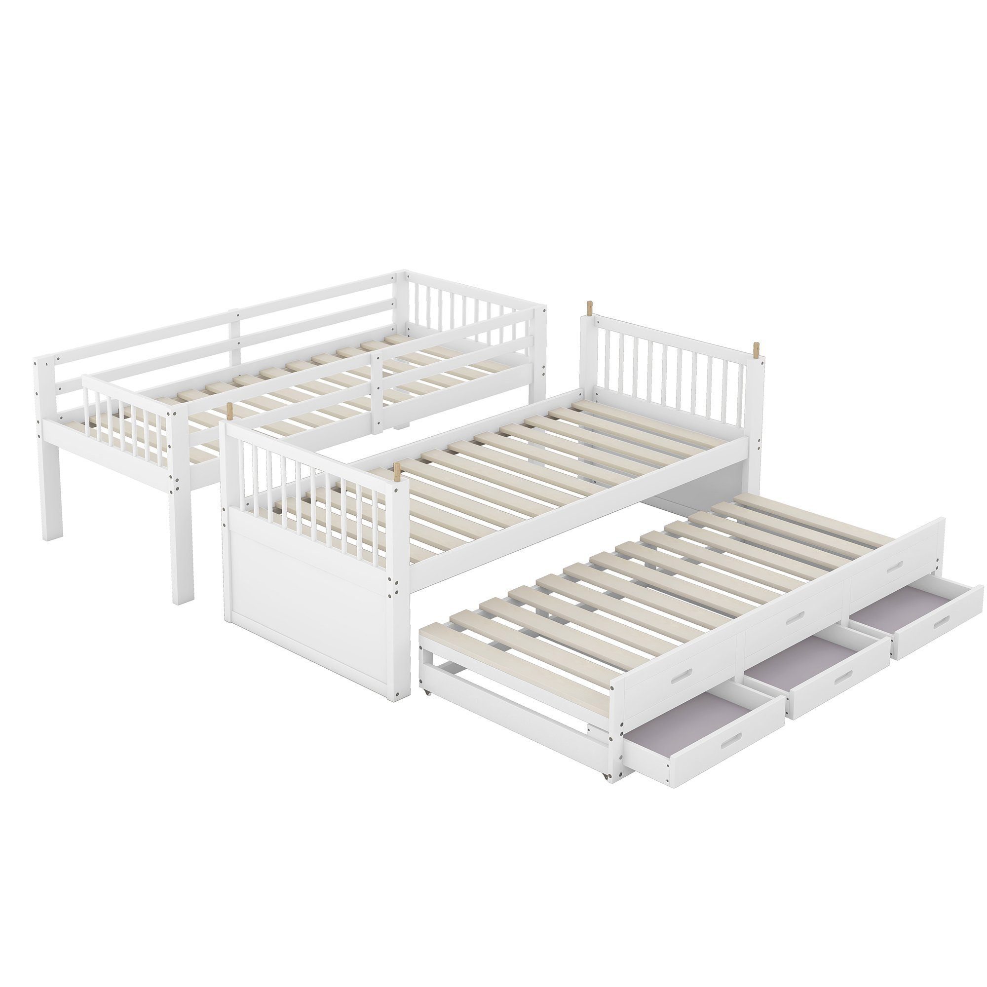 REDOM Bett Etagenbett Kinderbett Hausbet Einzelbett (Bettgestell aus Kiefer und MDF mit Leiter undausziehbarem Bett, 3 Schubladen), 90x200cm, Matratze nicht enthalten
