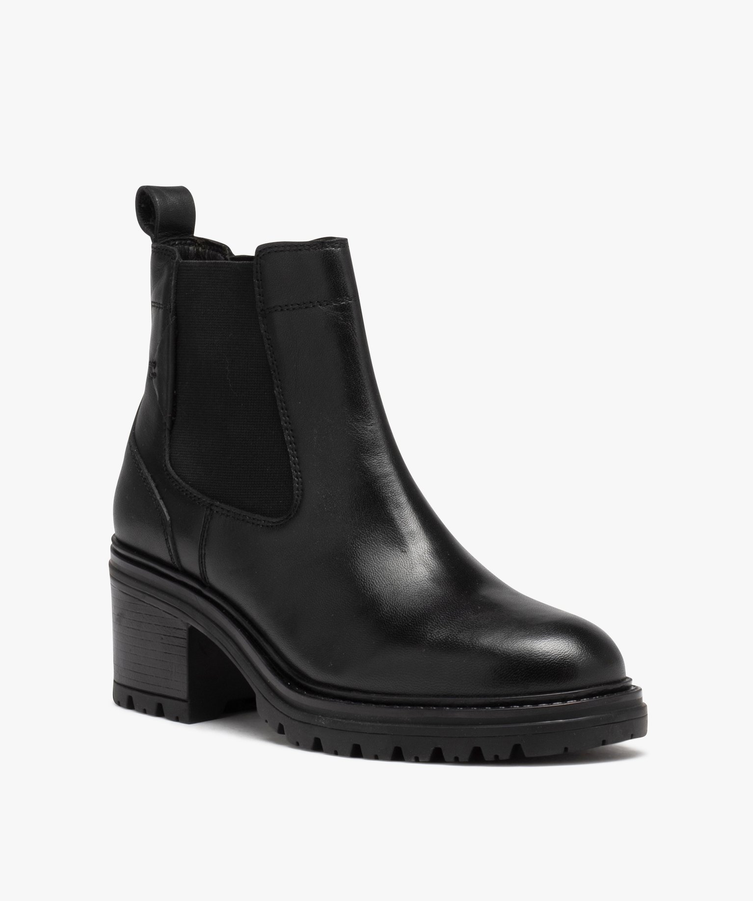 Boots femme à talon en cuir uni style Chelsea noir | GEMO
