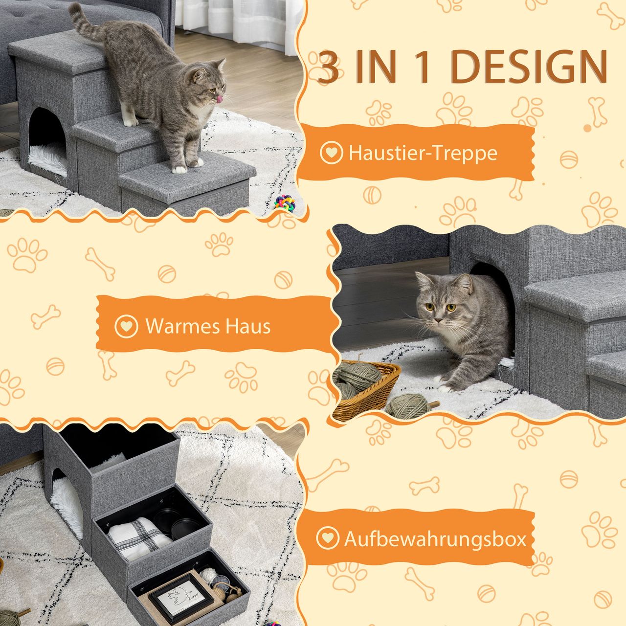 PawHut Hundetreppe, 3 Stufige Katzentreppe mit Höhle, 3-in-1 Tiertreppe Hellgrau