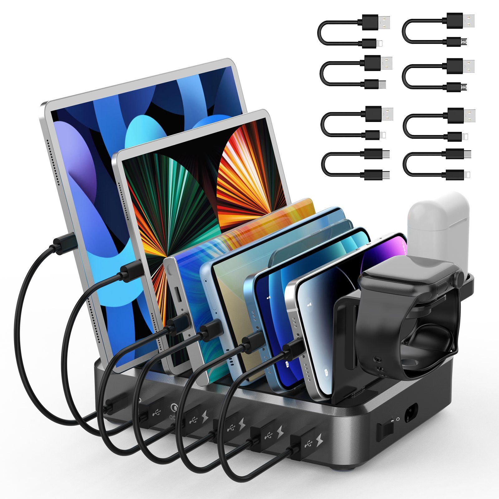 Yaviel Handy-Dockingstation Desktop Ladestation Geräte Multi Ladestation Mehrere Aufladestation, (Ladegerät USB C, Mobiltelefon Tablet Kopfhörer MP4 und andere USB-fähige Geräte), Handy Ladestation Mehrfach Ladebox mit 6 USB Ports 68W