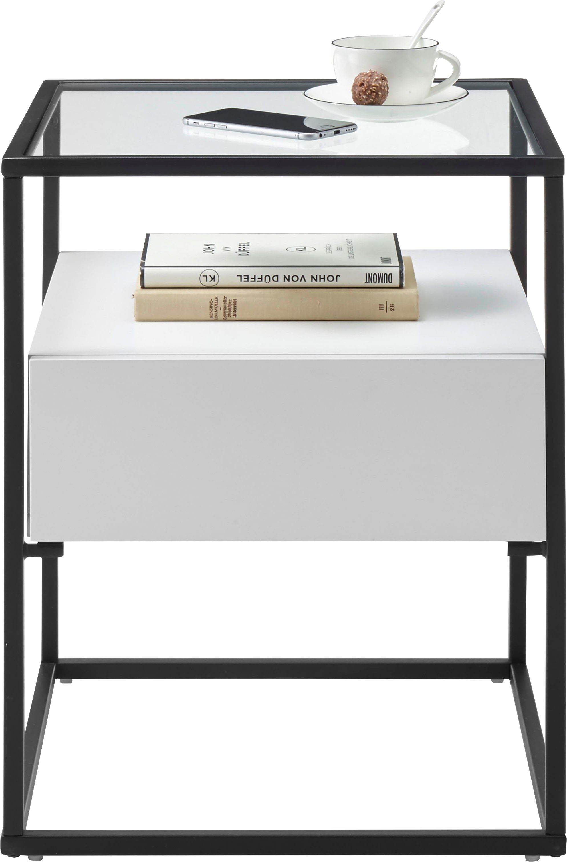 MCA furniture Beistelltisch Evora, Glastop mit Schublade push to open