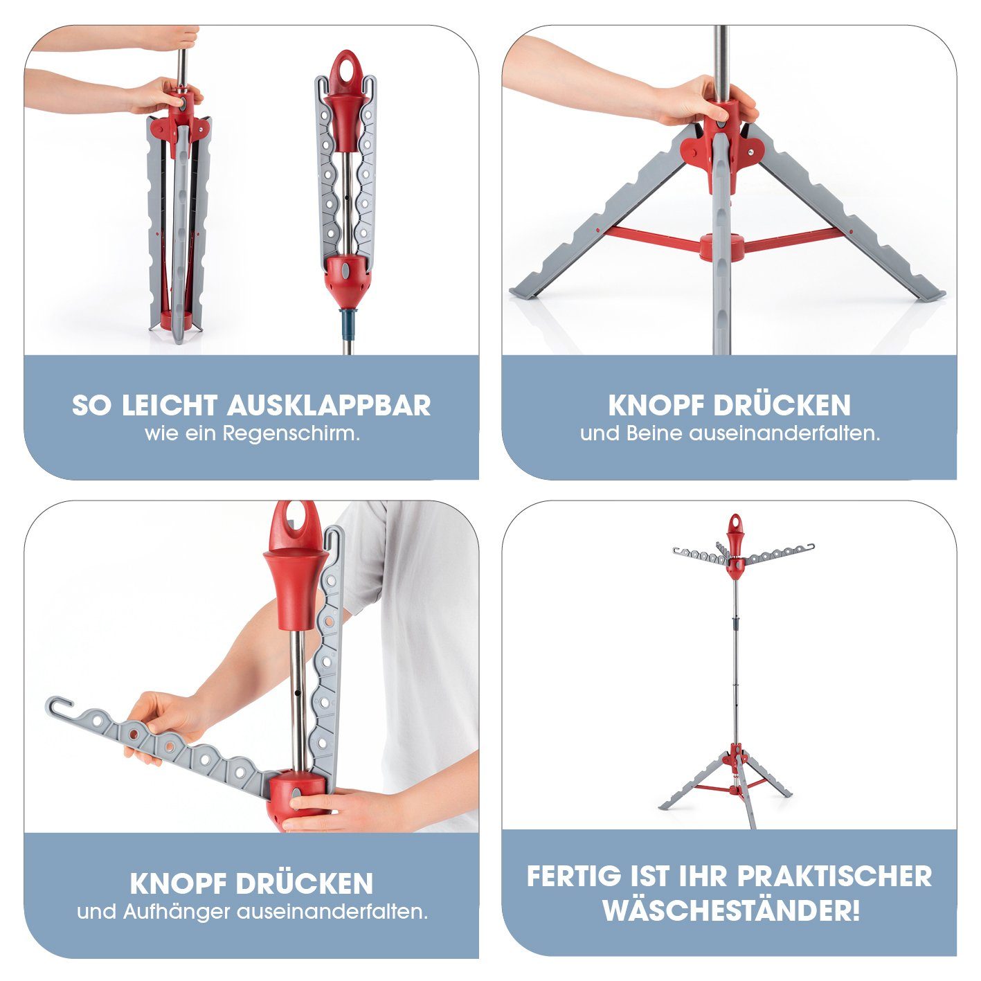 EASYmaxx Wäscheständer Wäschespinne - grau/rot, klappbar, höhenverstellbar