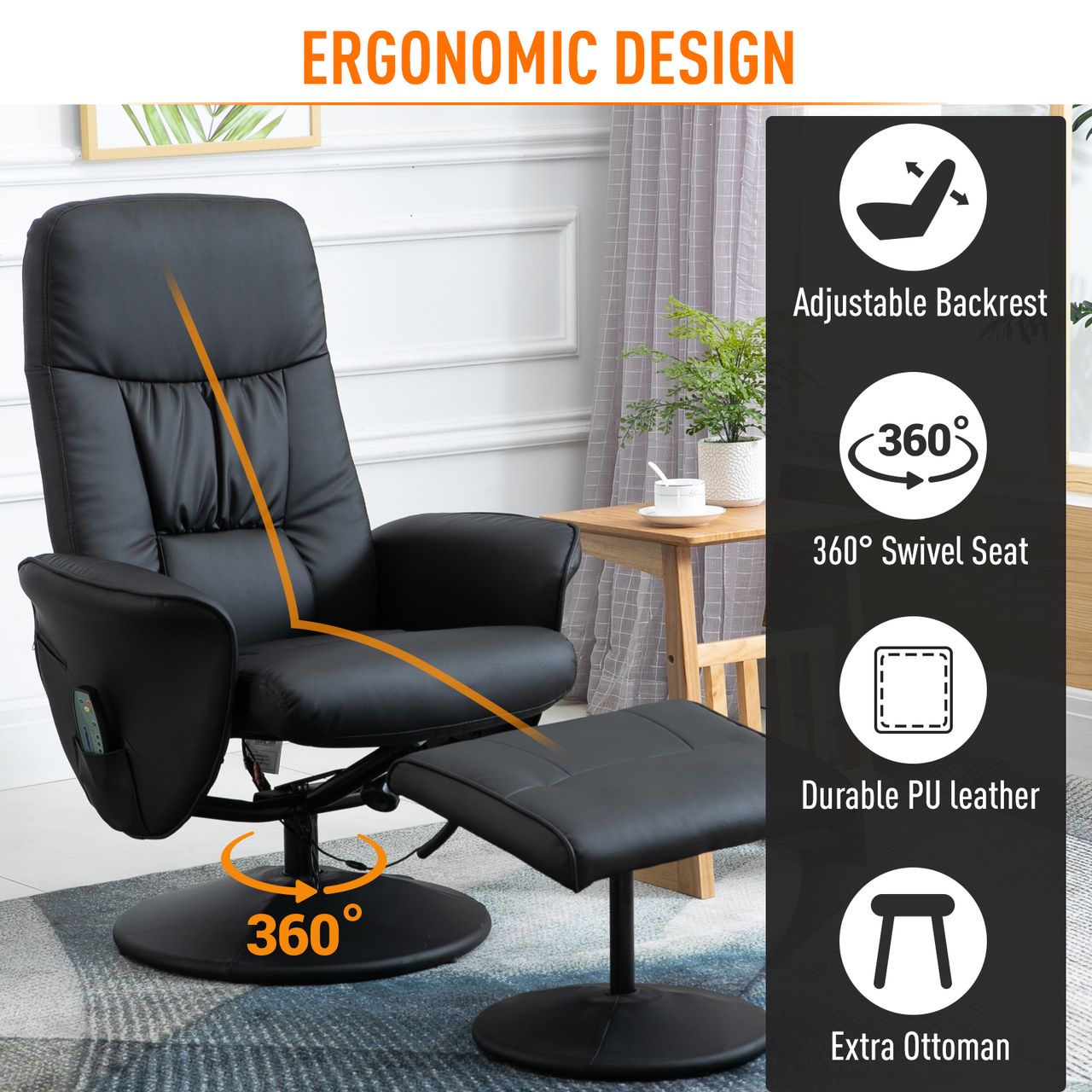 HOMCOM Massagesessel mit Fußhocker Massagesessel Relaxsessel TV-Sessel145°-Neigung Liegesessel Ergonomischer Stuhl mit 10 Vibrationpunkte Kunstleder Schwarz 76 x 81 x 105 cm