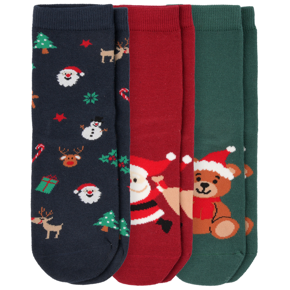 3 Paar Kinder Weihnachtssocken im Set dunkelrot / dunkelblau / dunkelgrün