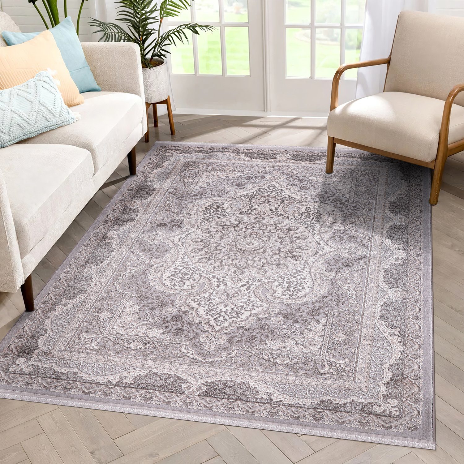 Designteppich Designer Wohnzimmer Carpetilla Senfony Kurzflor Orientalisch mit Bordüre Grau/Beige, Carpetilla, Höhe: 11 mm, Kurzflor