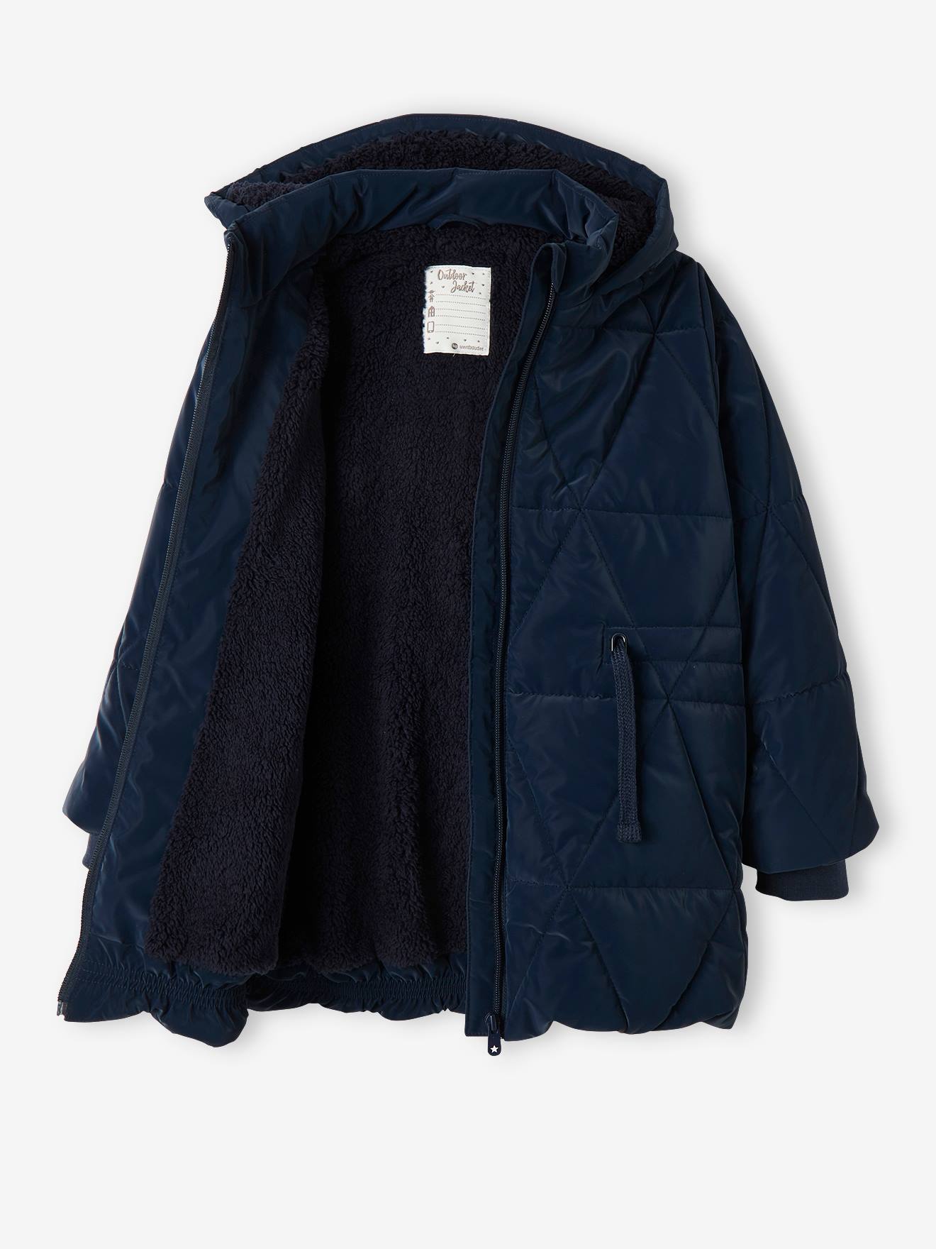 Doudoune longue à capuche fille doublée sherpa blue dark