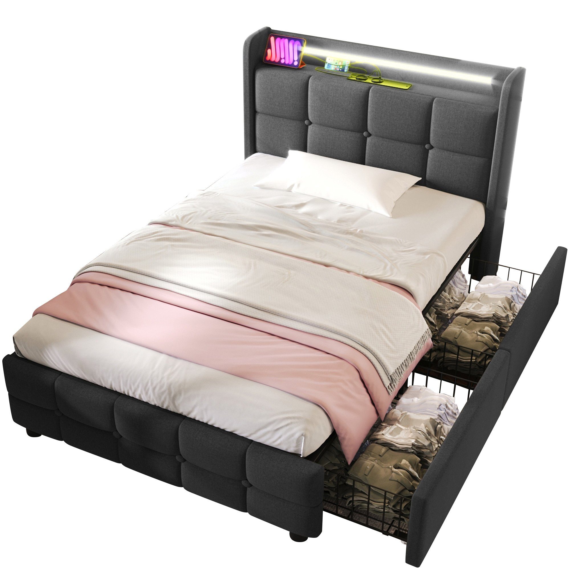 HAUSS SPLOE Polsterbett Polsterbett Doppelbett Funktionsbett Bettrahmen mit Schubladen (mit aufladen USB Ladefunktion LED-Beleuchtung und 2 Schubladen, 90 x 200 cm ohne-Matratze)