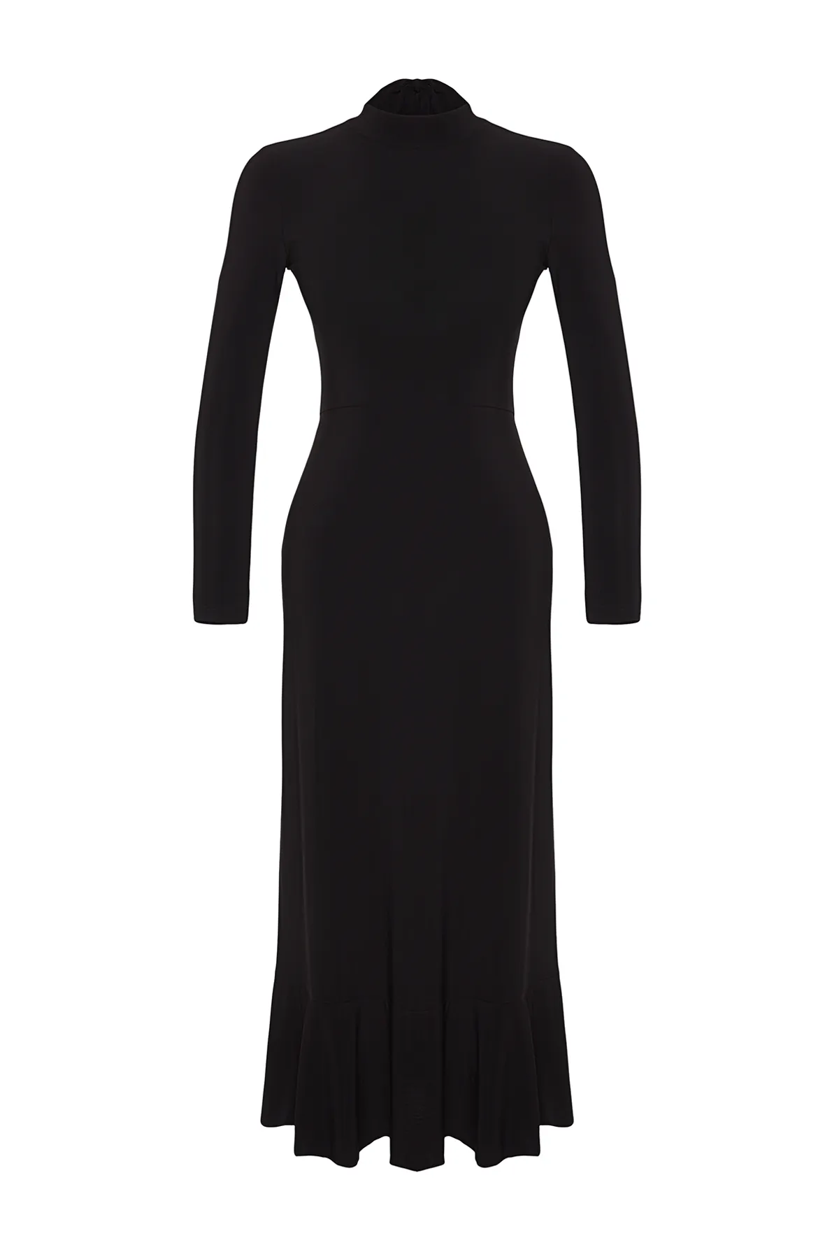 Trendyol Collection  Schwarzer, rückenfreier Rock, Volants, hoher Kragen, maxilanges Strickkleid TWOAW24EL00380