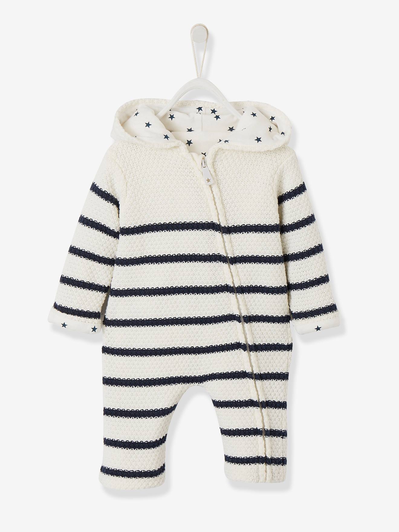 Combinaison en tricot bébé naissance doublée ivoire rayé