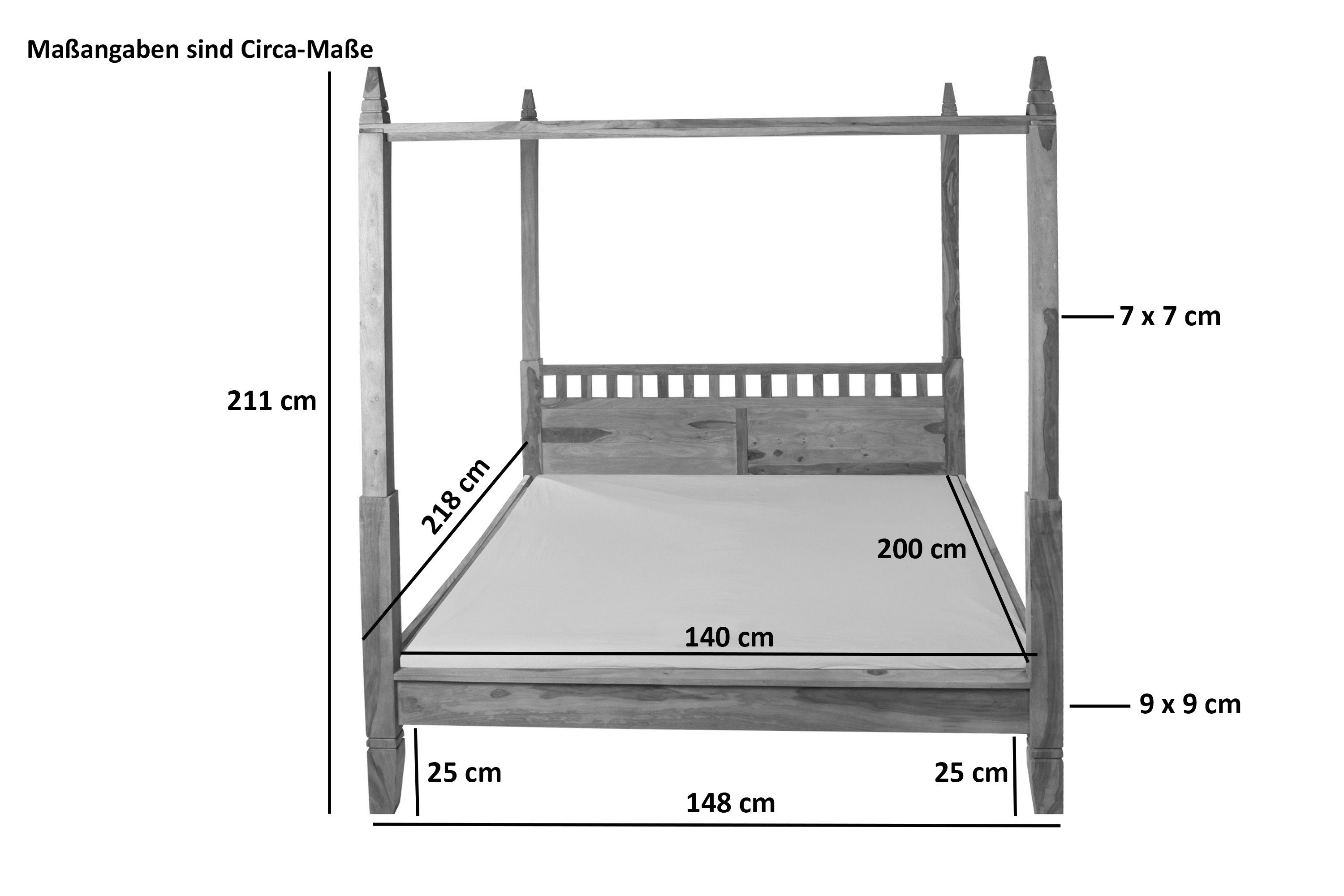 Junado® Himmelbett Zoe, Akazienholz, verschiedene Größen, mit hellem Stoffvorhang
