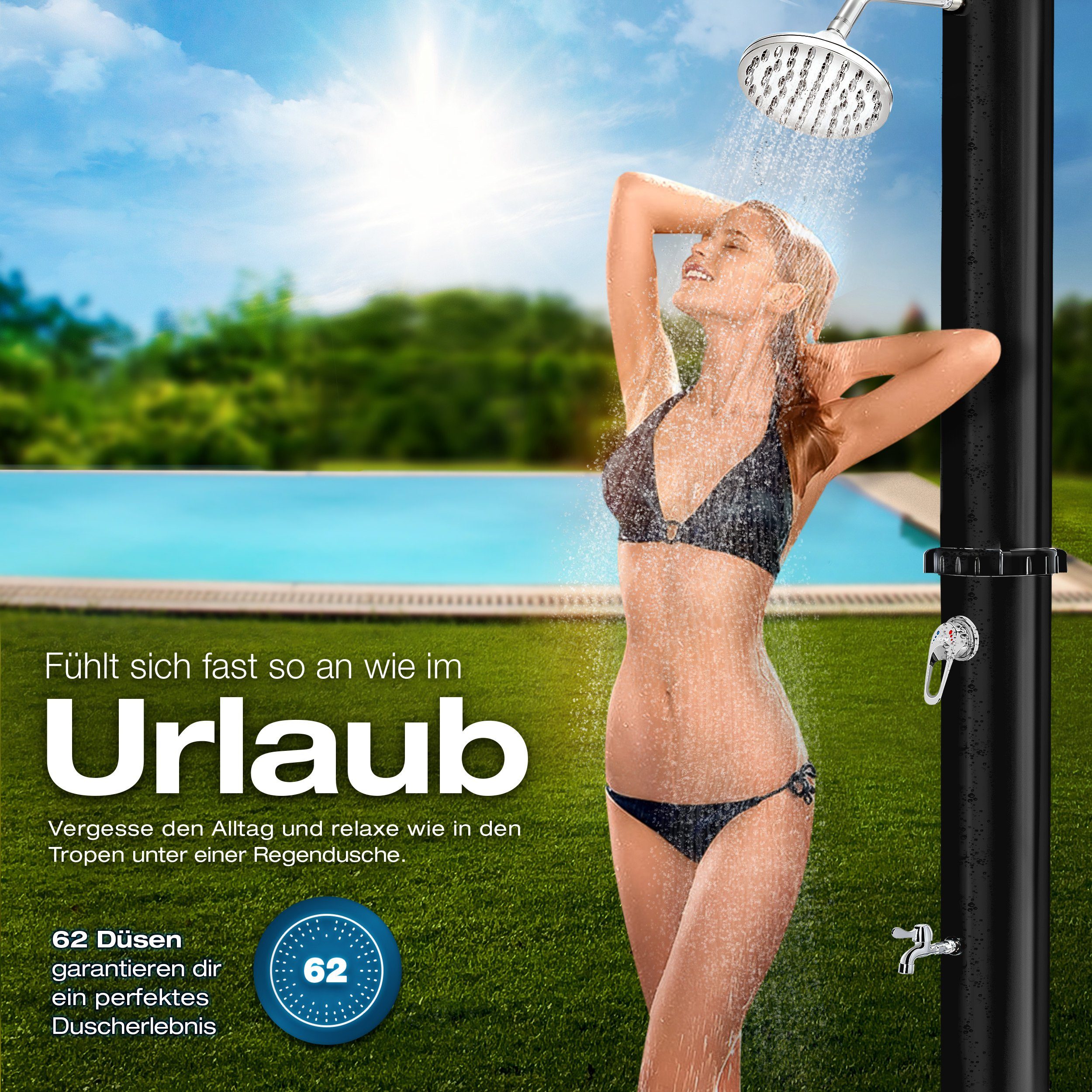 tillvex Solardusche Solar Gartendusche 35 Liter inklusive Schutzhaube, warmes Wasser, Pooldusche Camping ohne Strom
