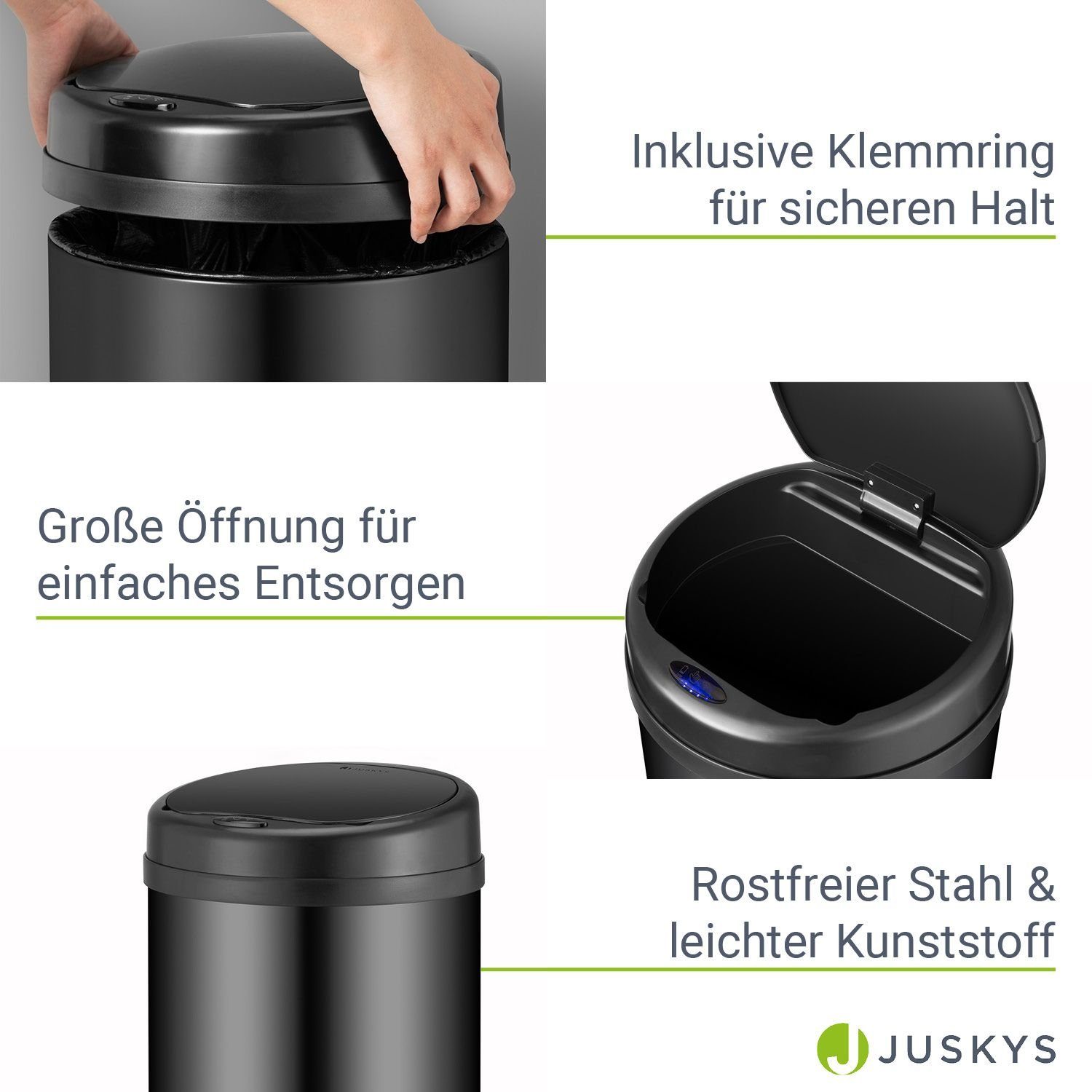 Juskys Mülleimer, 40 L Volumen, mit Sensor, geräuscharmes Öffnen / Schließen, rostfrei