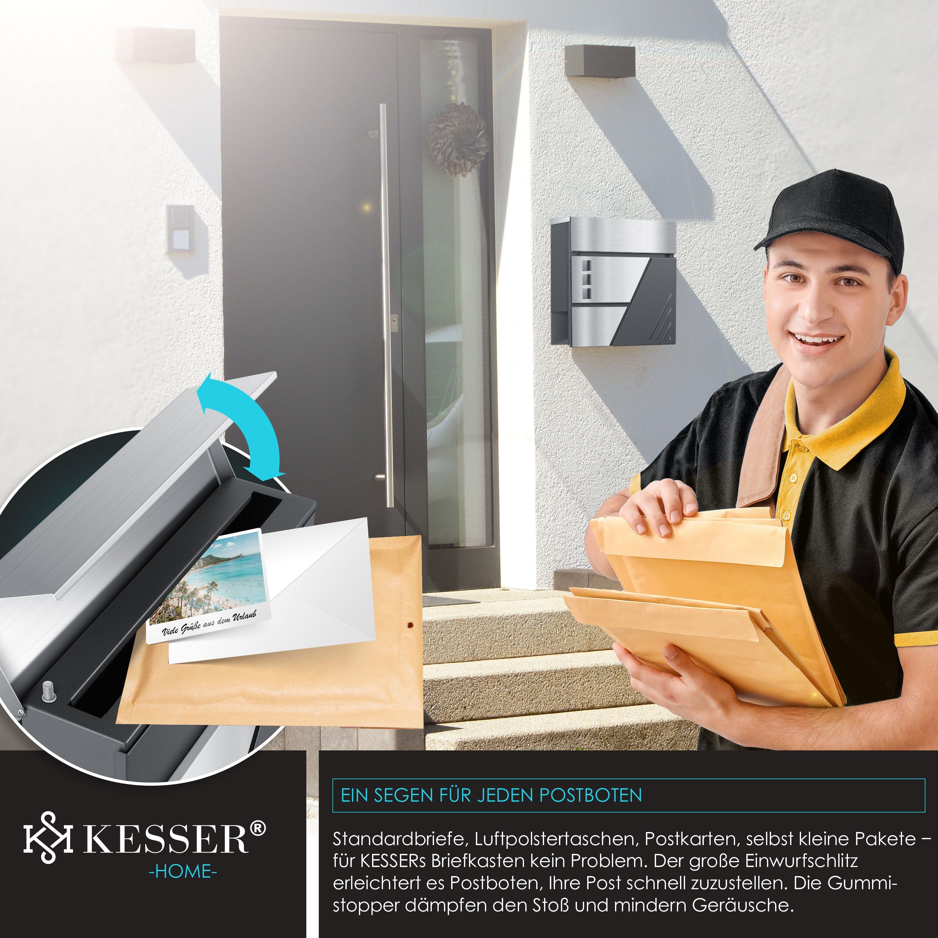 KESSER Briefkasten, mit Zeitungsfach Wandmontage Wandbriefkasten Edelstahl