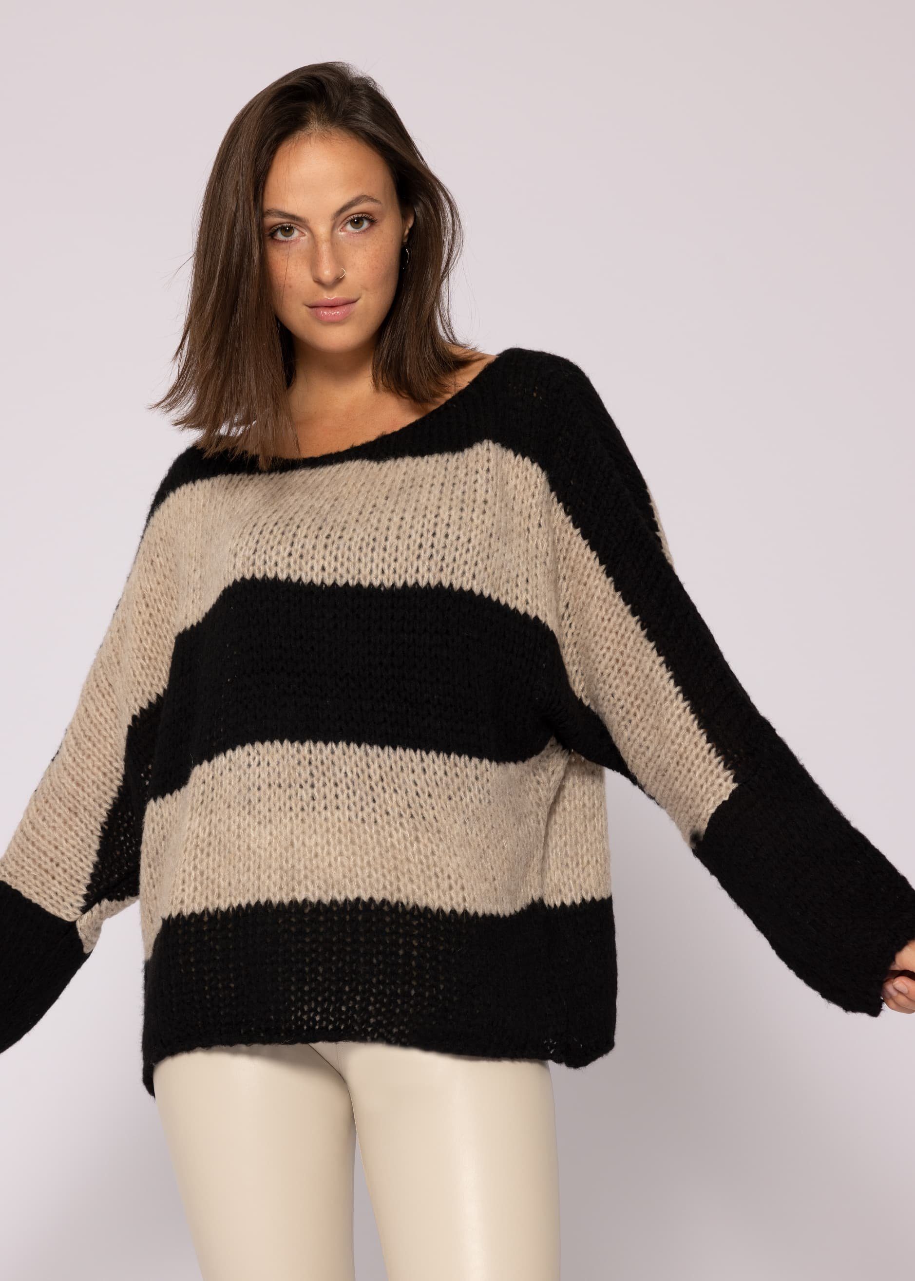 SASSYCLASSY Strickpullover Oversize Pullover Damen aus weichem Grobstrick Lässiger Strickpullover lang mit Streifen, Made in Italy