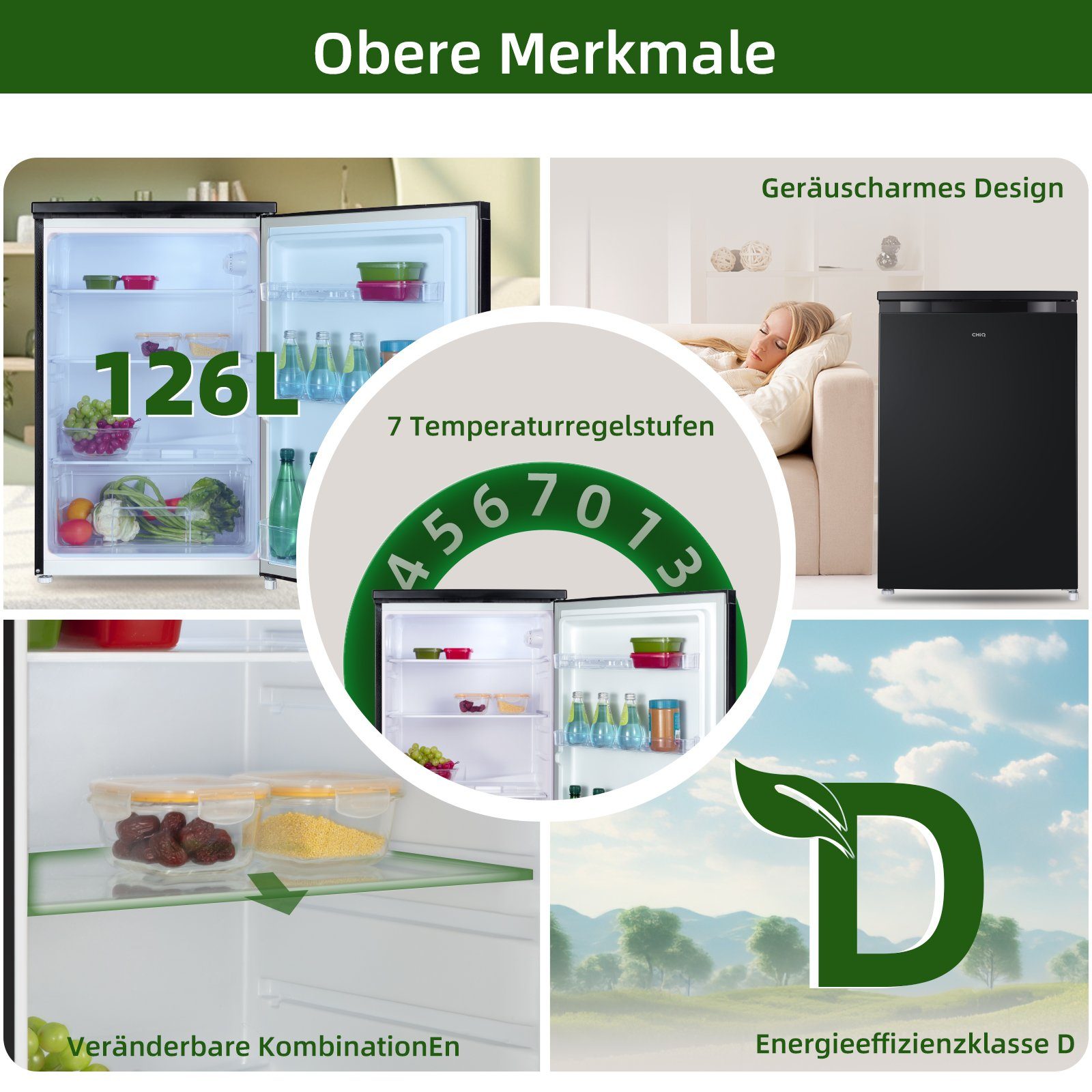CHiQ Kühlschrank CSF120BE, 85 cm hoch, 55 cm breit, 126L Kühlschrank,12 Jahre Garantie auf den Kompressor,Low-frost