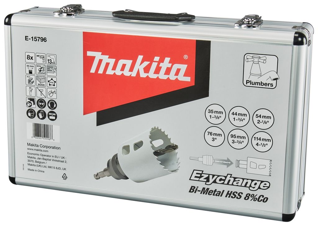 Conjunto de serras copo Makita E-15796 com 8 peças, tamanhos 35, 44, 54, 76, 95 e 114 mm, para madeira/metal, sistema Ezychange, em estojo.