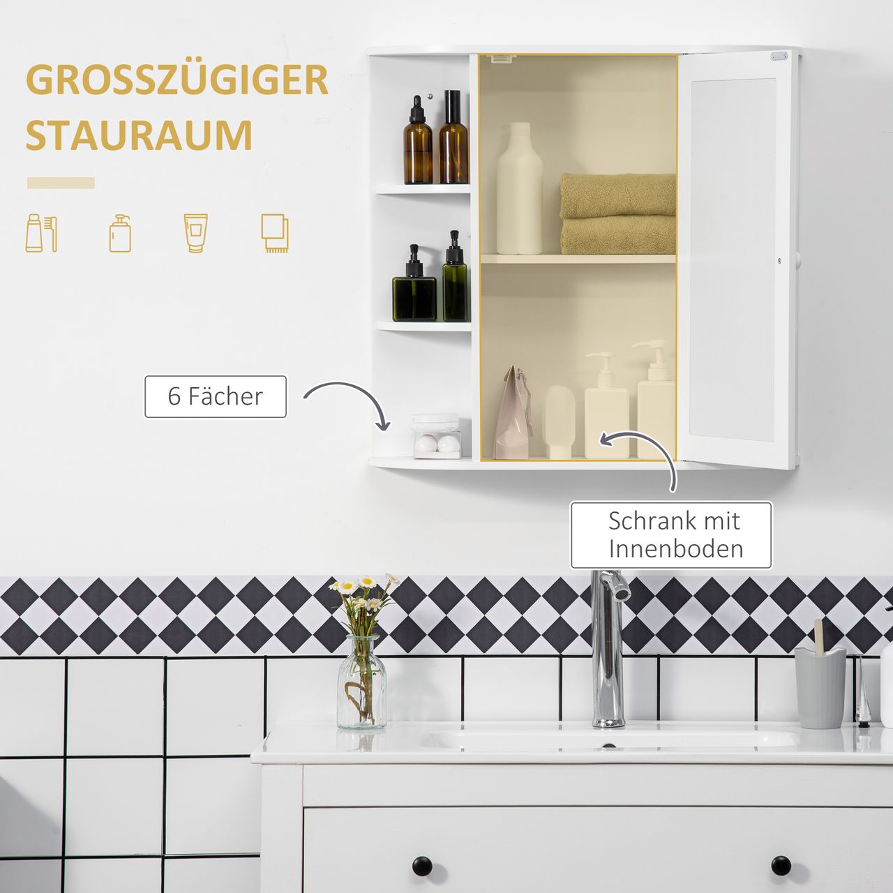 HOMCOM Spiegelschrank Badezimmerregal Badeschrank Wandmontage MDF Weiß
