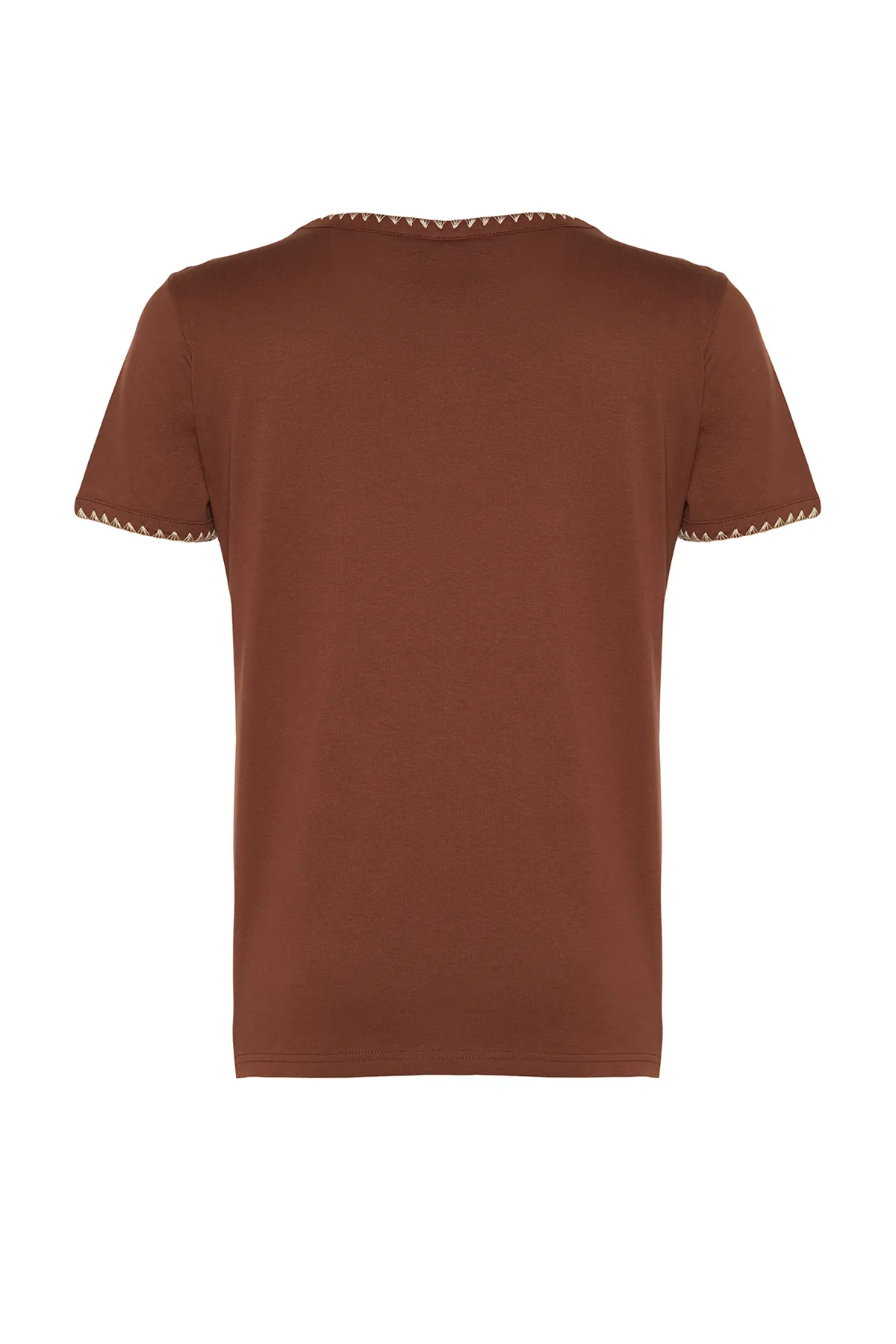Trendyol Collection  Braunes Basic-Strick-T-Shirt mit Rundhalsausschnitt, 100 % Baumwolle, Kontrastnähte, detailliertes TWOSS19AD0085