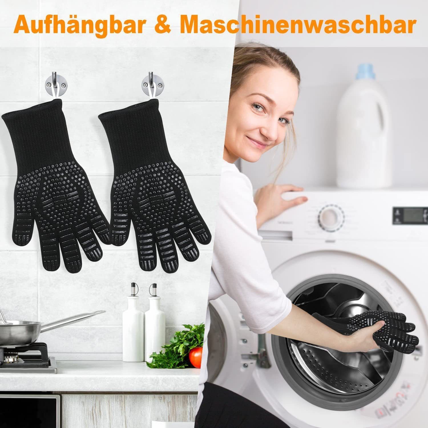 YYV Topflappen Hitzebeständig 800 Grad,Feuerfeste Handschuhe mit Silikonbeschichtung, rutschfeste Waschbare Weber Grill Handschuh BBQ Gloves für BBQ,Backen