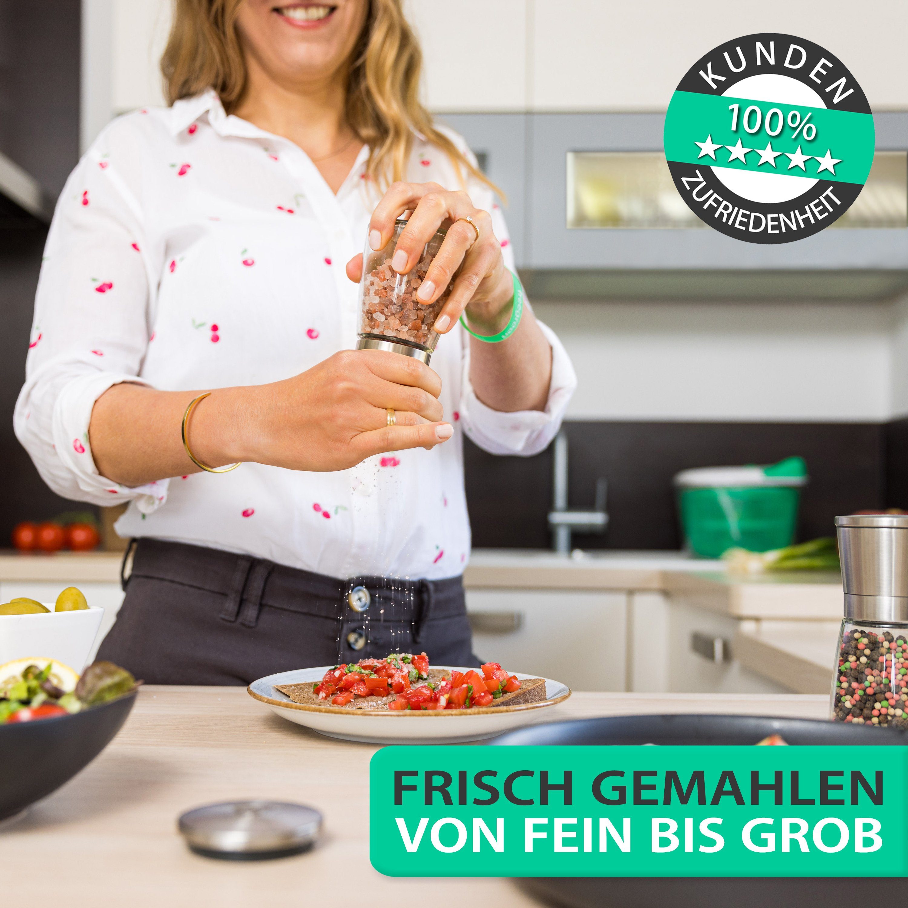 freegreen® Gewürzmühle PREMIUM Salz und Pfeffermühle 14cm 2er Set + Clean Eating Kochbuch Manuell für ein einzigartig gleichmäßiges Mahlergebnis!, mit verstellbarem Keramik-Mahlwerk und Geschenkverpackung