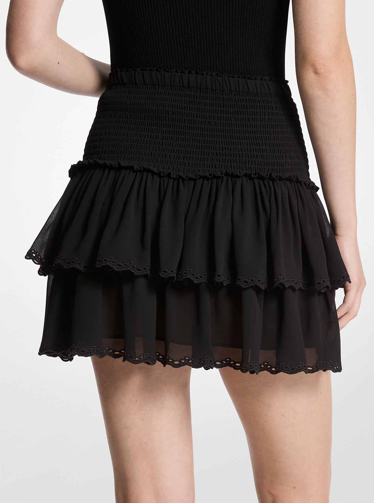 Smocked Georgette Ruffled Skjørt - SVART
