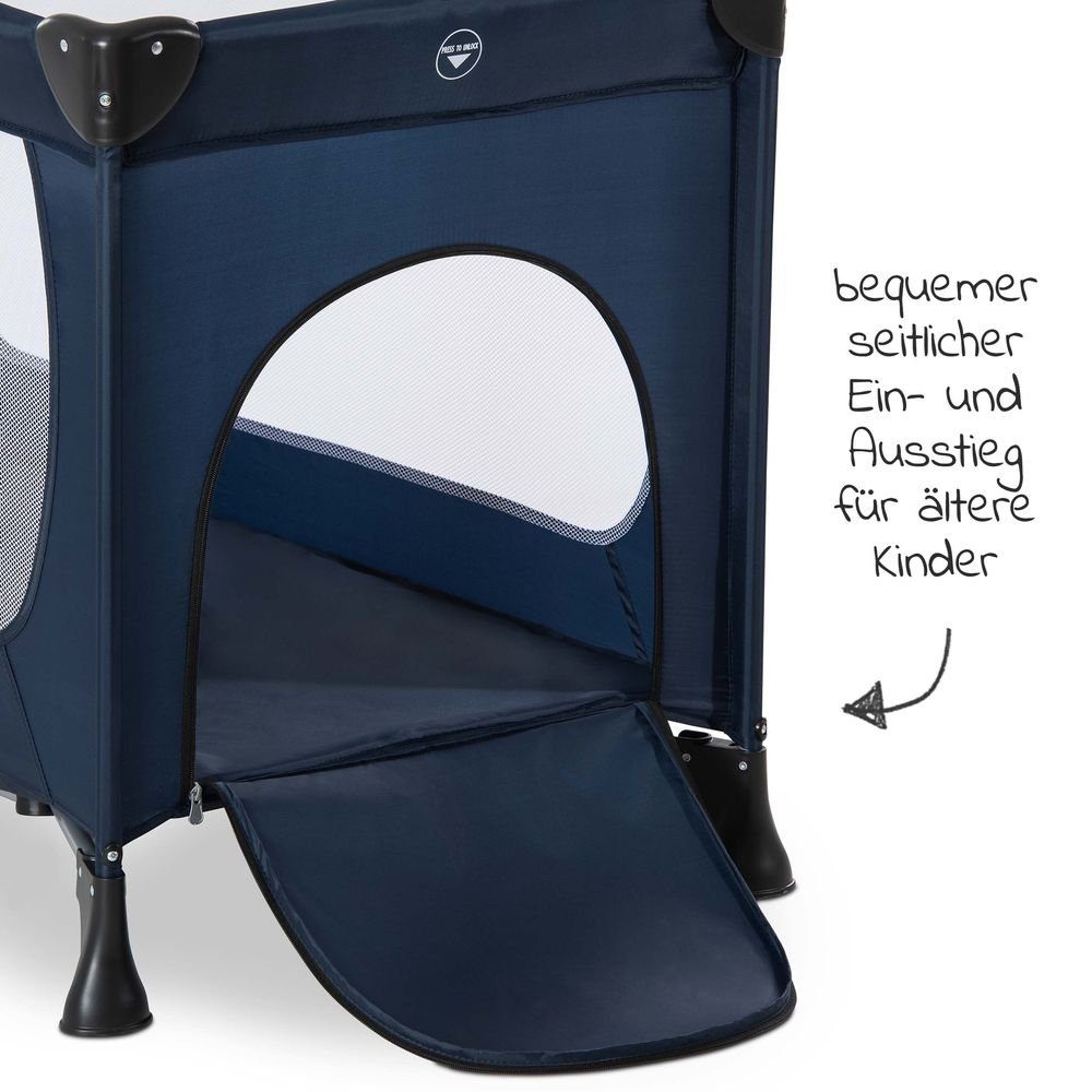 Hauck Baby-Reisebett Dream'n Play Plus - Navy, Baby Kinder Reisebett mit Matratze, 2 Spannbettlaken & Insektenschutz