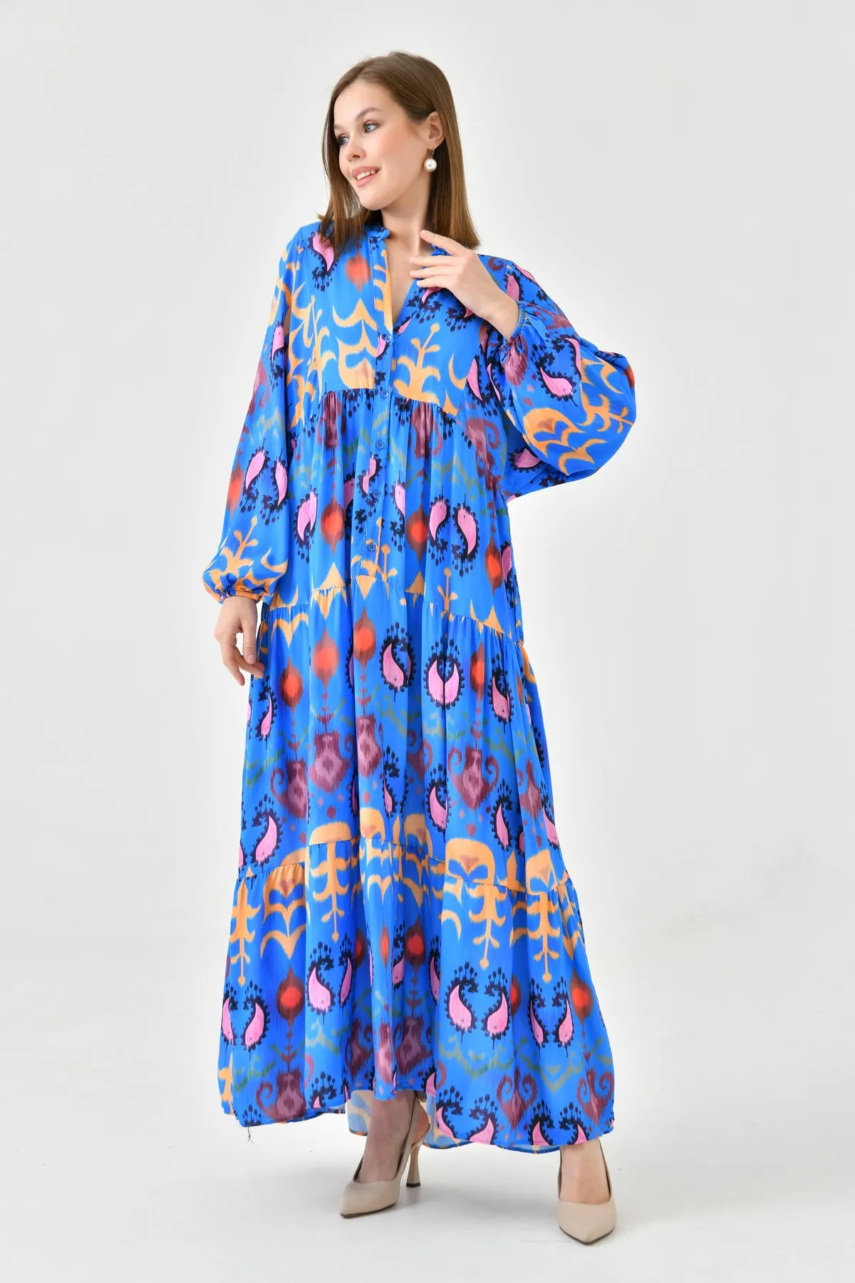 lovebox  Ethnisch gemustertes, geknöpftes, vorherrschender Kragen, Ballonärmel, Midi-Länge, weit ausgestellter Schnitt, blaues Sommerkleid 036