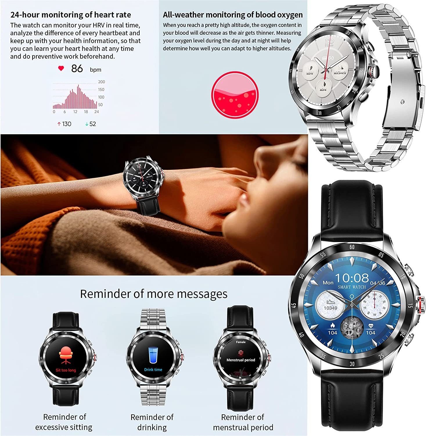 Manike NX1 Business Smartwatch (4,3 cm/1,69'' HD Voll Touchscreen Zoll) Spar - set, Smartwatch mit deutscher Bedienungsanleitung mit Ladekabel, Herzfrequenzmesser, Analyse von EKG-Daten, Blutdruckmessgerät