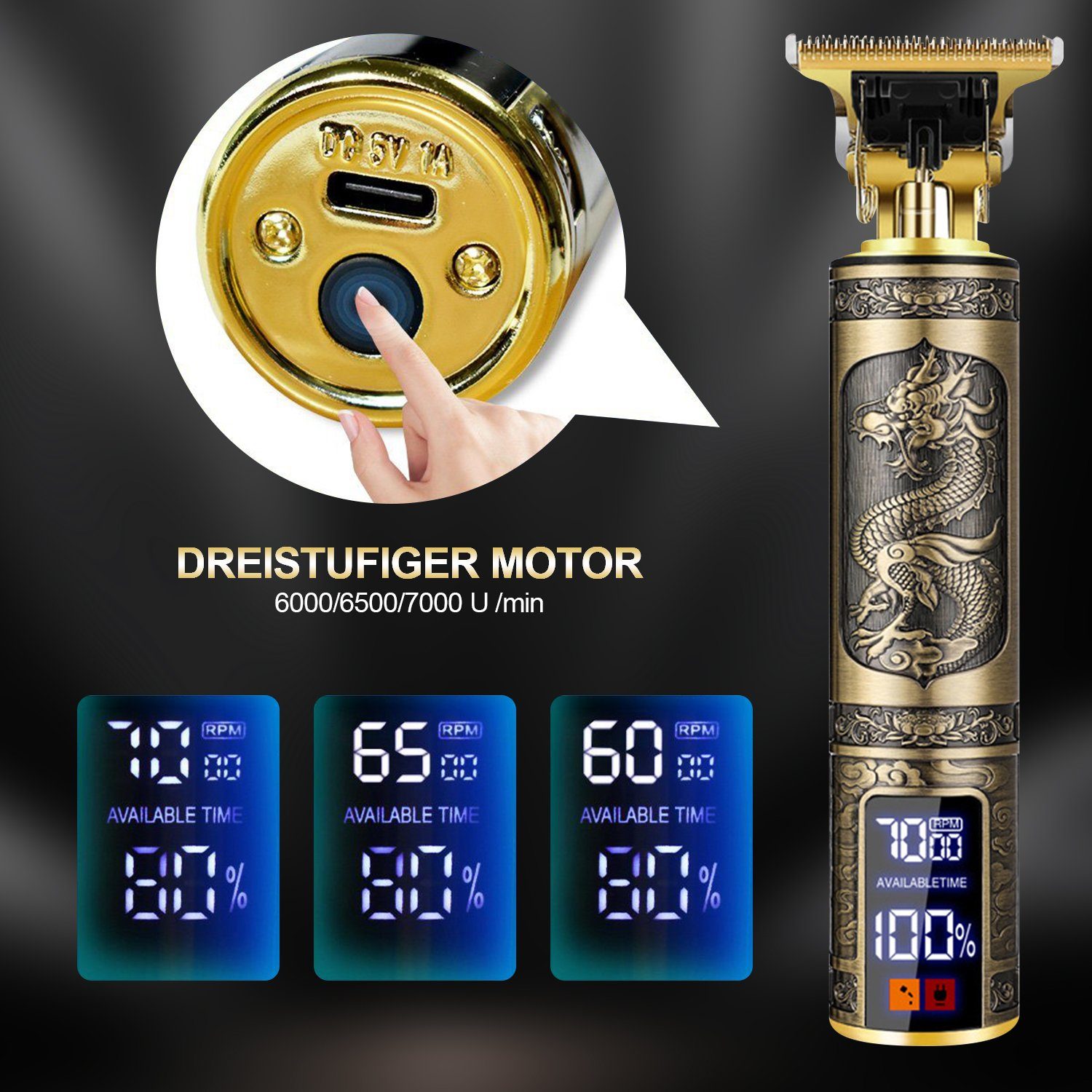 Kpaloft Haarschneider Profi 3 Motorstufen, R-Klinge mit 4 Kamm LED-Display, Wasserdicht & Leise, Bartschneider Herren, Männer Haarschneider, Elektrisch Barttrimmer