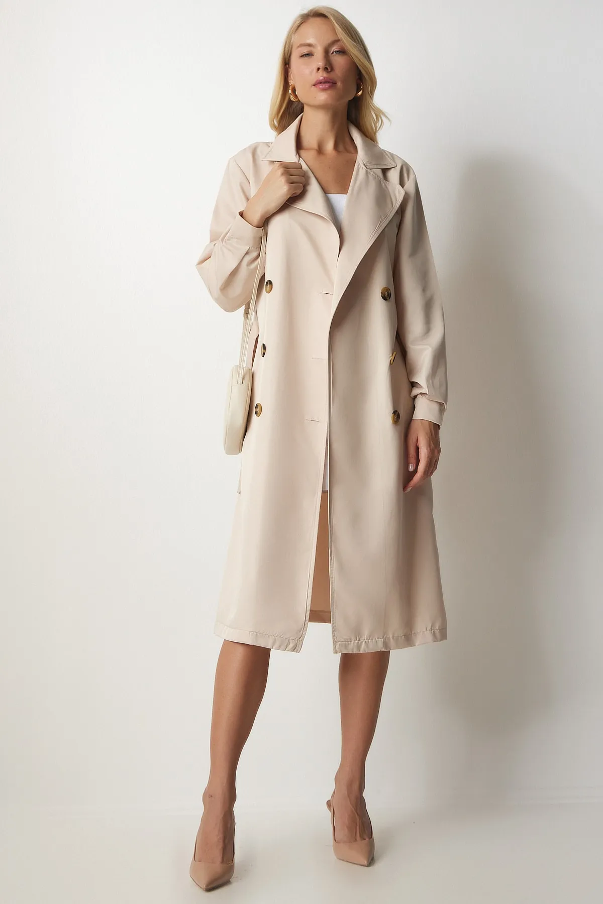 Happiness İstanbul  Cremefarbener saisonaler Trenchcoat mit zweireihigem Kragen für Damen DD01241