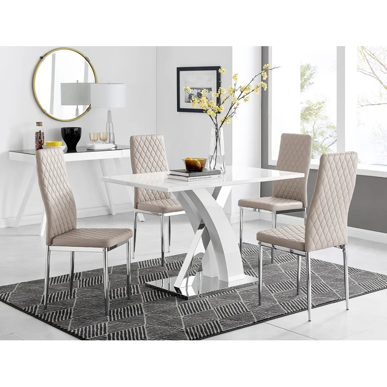 White High Gloss Dining Table Set with 4 Luxury Faux Leather Dining Chairs