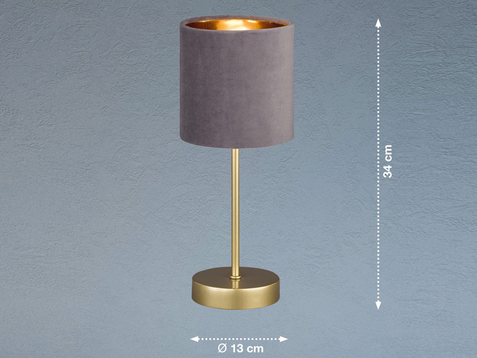 meineWunschleuchte LED Nachttischlampe, Dimmfunktion, LED wechselbar, Warmweiß, ausgefallen-e Design-er mit Samt Lampenschirm Grau Gold-en, H: 34cm