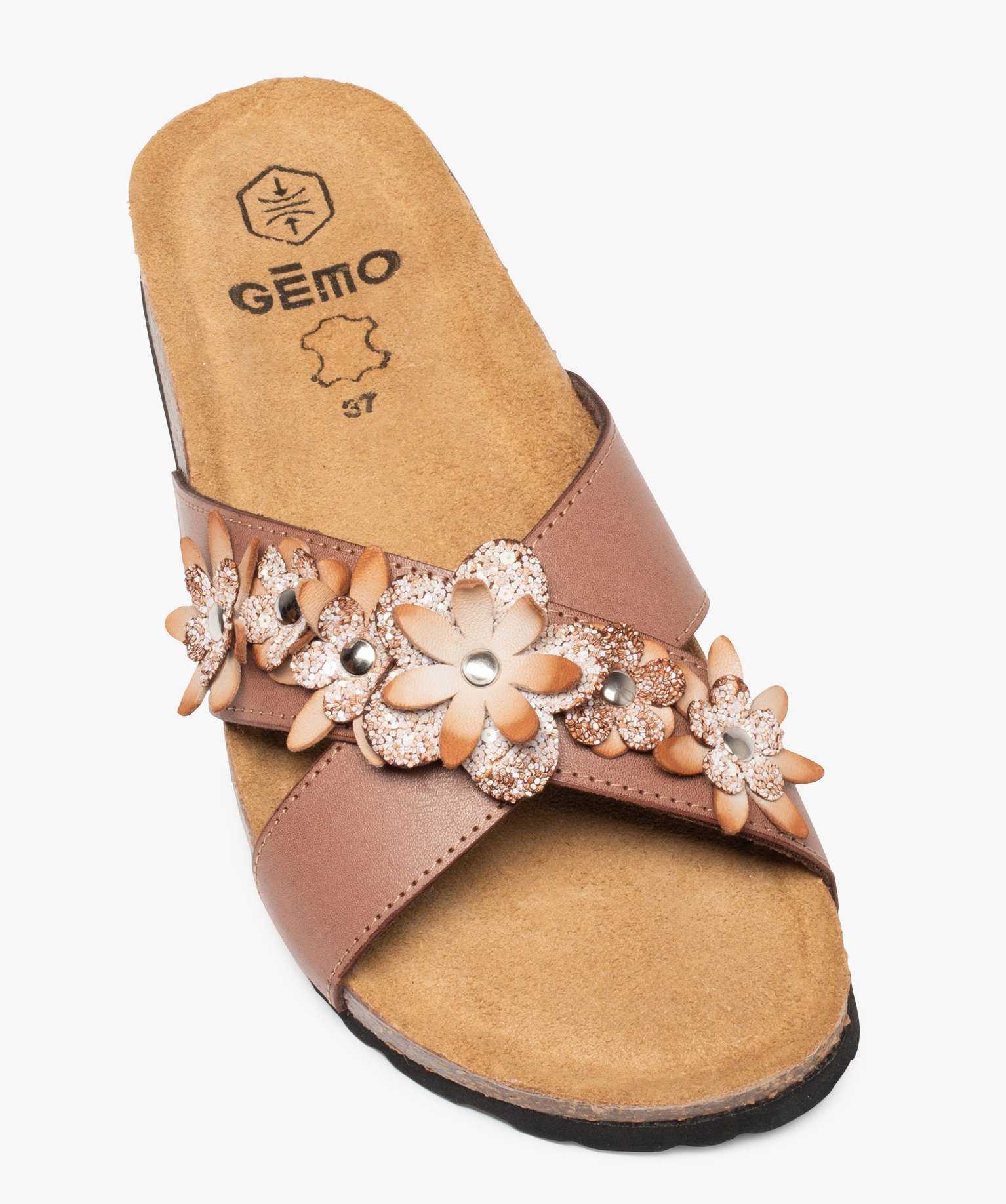 Mules femme à talon plat et larges brides à fleurs taupe | GEMO