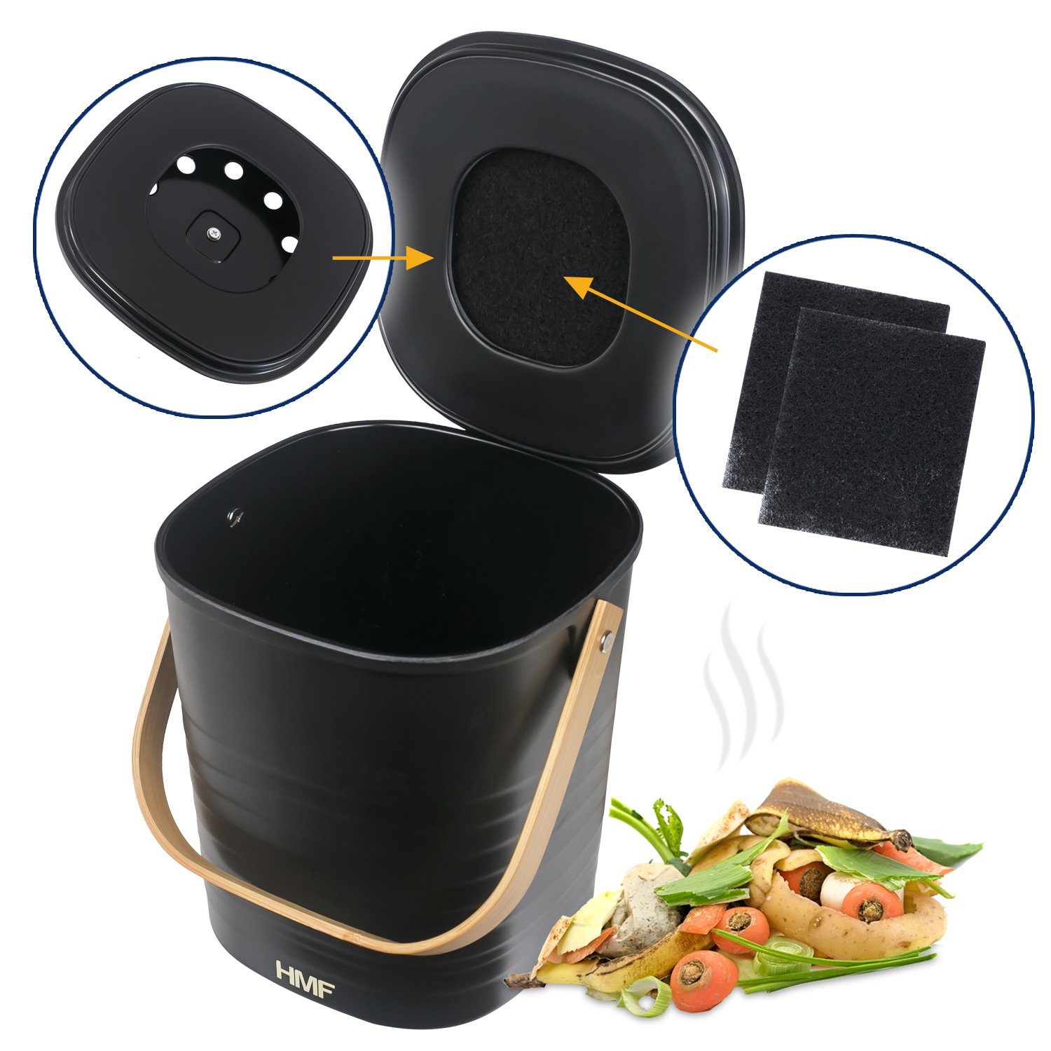HMF Biomülleimer Komposteimer mit Aktivkohlefilter, kleiner Abfalleimer für die Küche mit Deckel, 3L, Schwarz