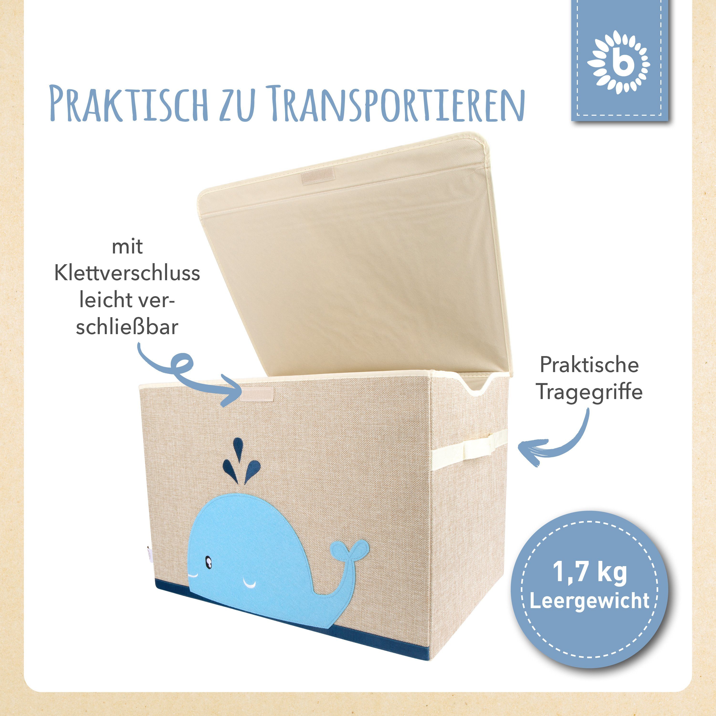 BIECO Spielzeugtruhe Bieco Aufbewahrungsbox mit Deckel 65L faltbar ca. 36x36x51cm Spielzeugkiste mit Deckel Aufbewahrungsbox Kinder Kisten mit Deckel Aufbewahrungsbox Groß Wickeltisch Organizer Wal Motiv
