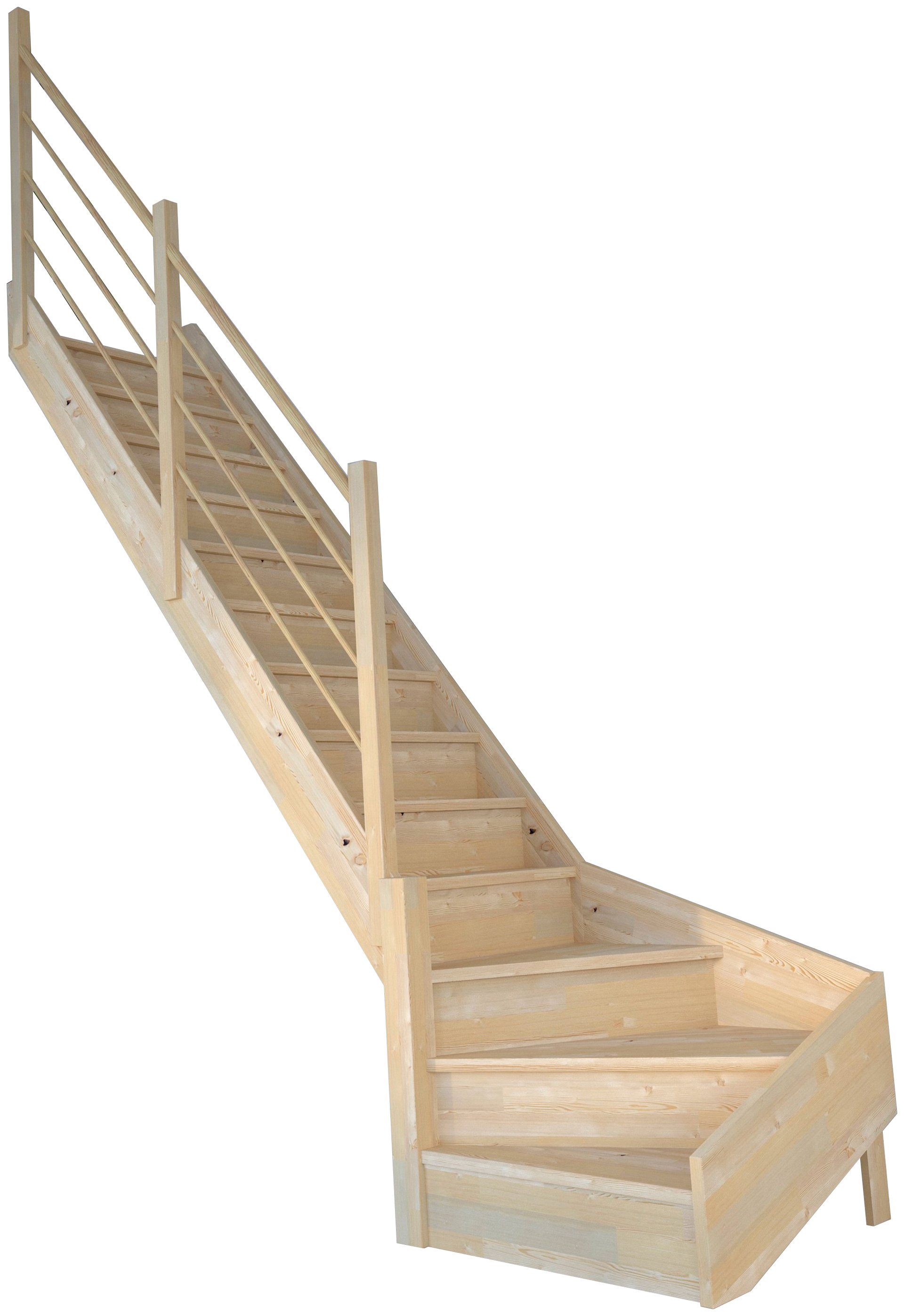 Starwood Raumspartreppe Massivholz Korfu, Holz-Holz Design Geländer, für Geschosshöhen bis 300 cm, Stufen geschlossen, gewendelt Links, Durchgehende Wangenteile