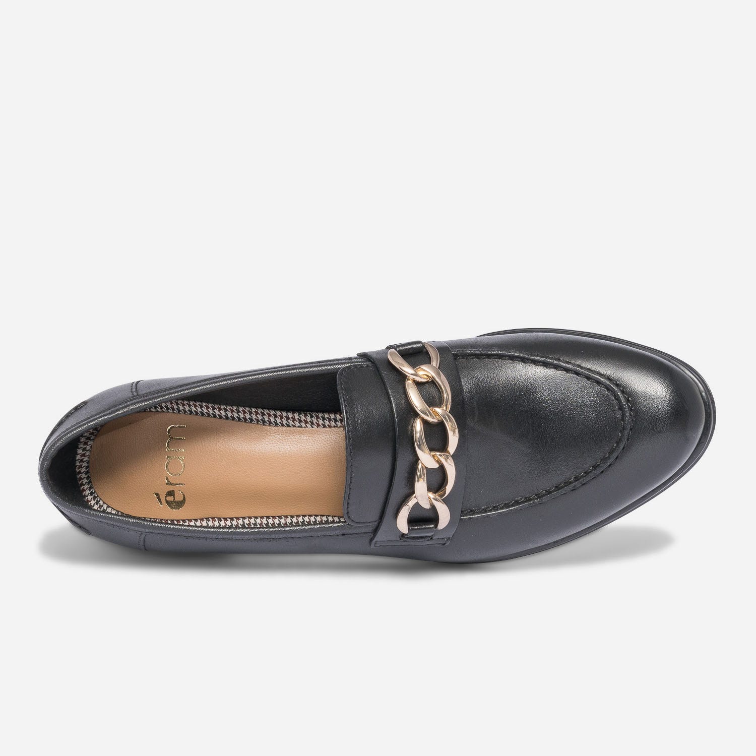 Mocassin noir en cuir à chaîne