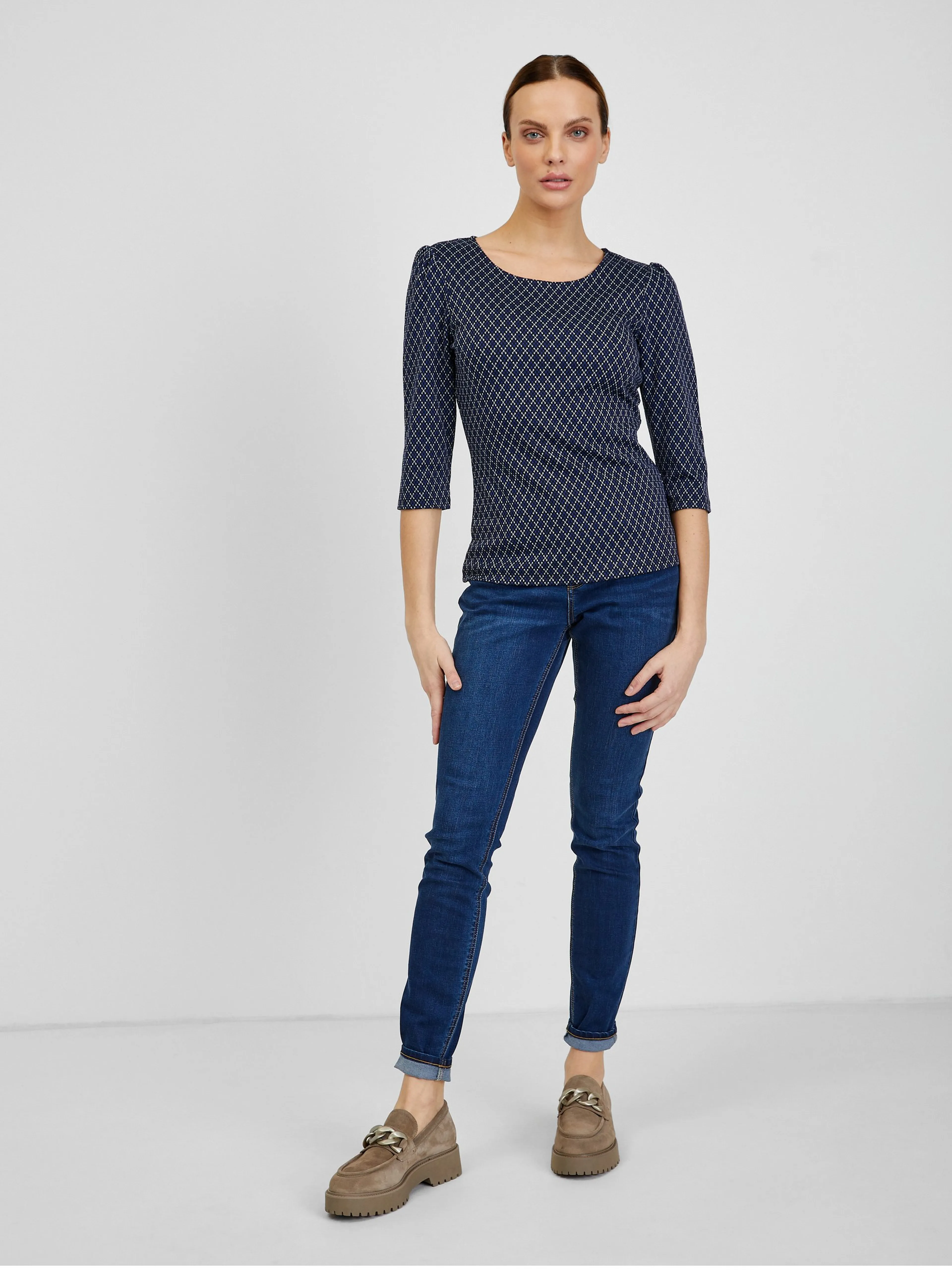 Dunkelblaues gemustertes Damen-T-Shirt ORSAY