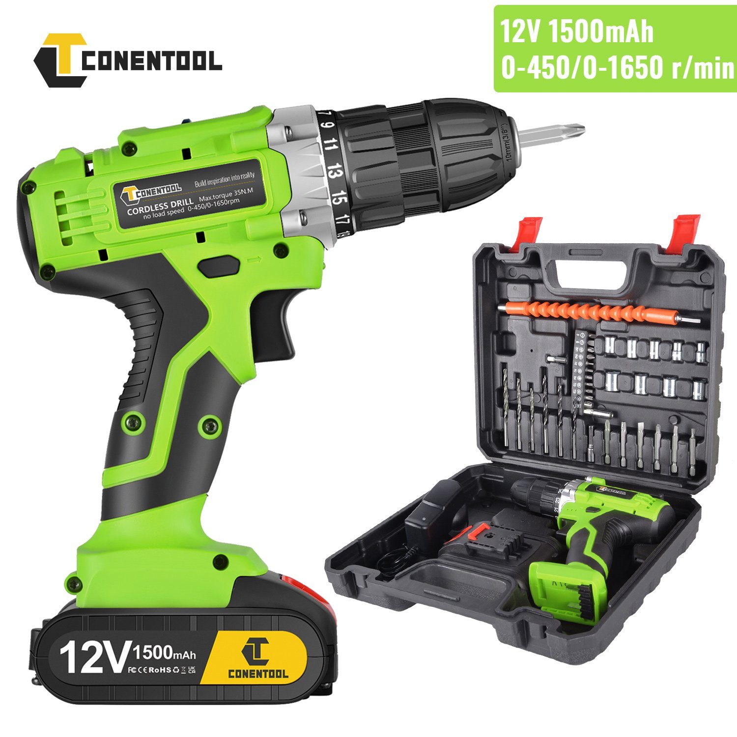 Ulife Akku-Schraubendreher CONENTOOL Bohrschrauber, 1650,00 U/min, 35,00 Nm, (Set, Aufbewahrungskoffer, Ladegerät, 1×Akku, Bit-Set), mit Akkus und Ladegerät