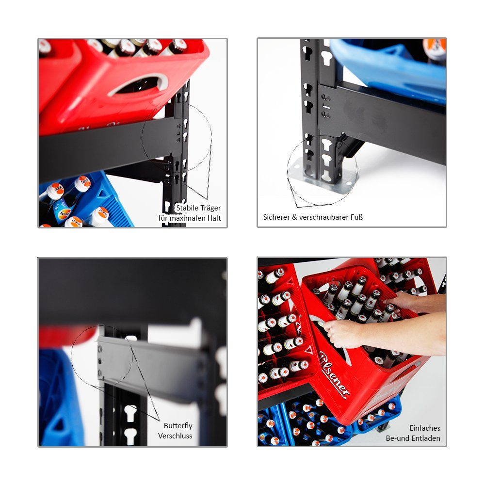 PROREGAL® Standregal Getränkekistenregal Tegernsee XL, HxBxT 110x110x30 cm, für 6 Kästen, Getränkeregal, Schwarz, 2 Ebenen + Board, 100kg Traglast pro Ebene, Kistenregal