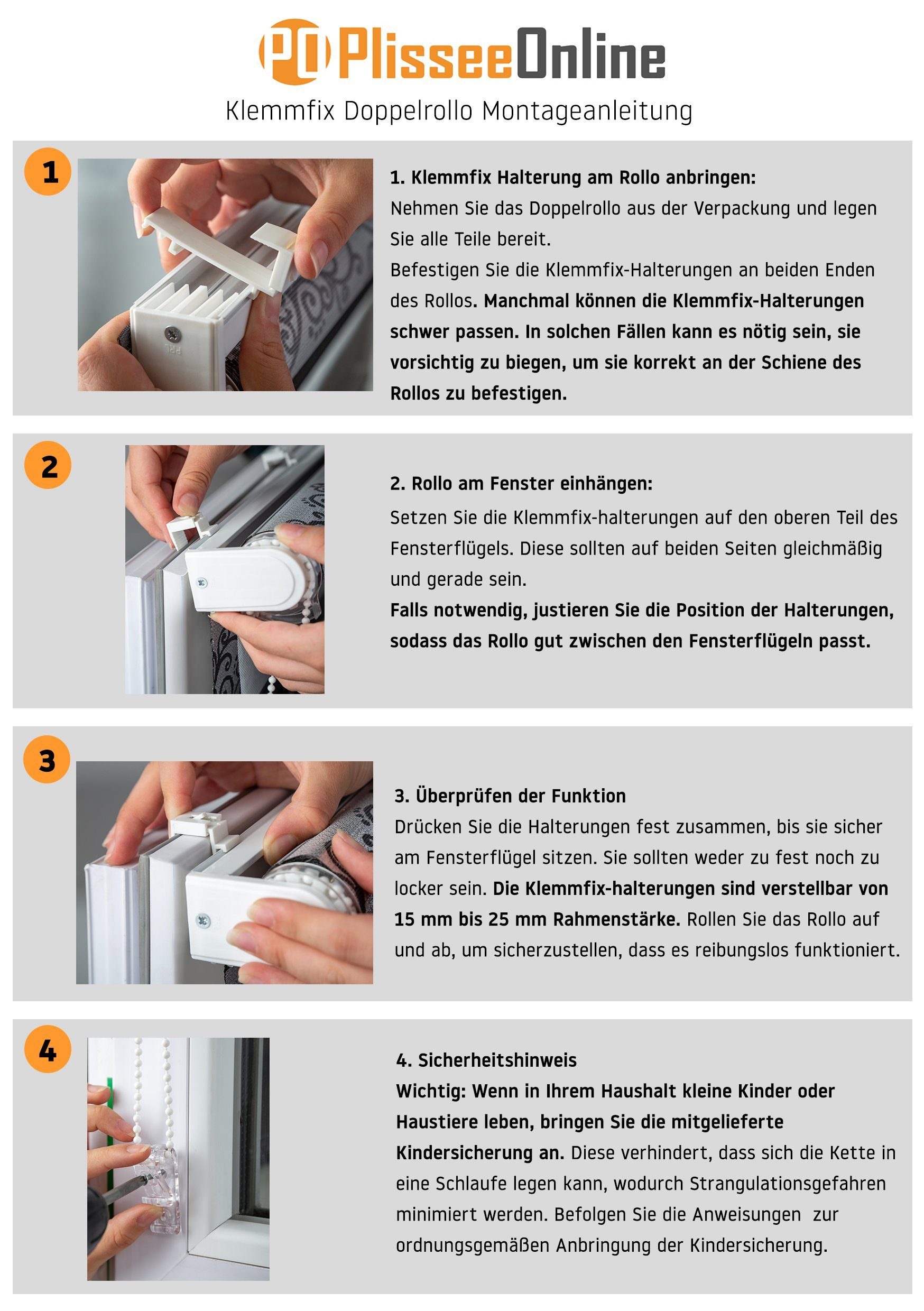 Doppelrollo Doppelrollo Duo Rollo Klemmfix ohne Bohren mit Muster Motiv in Grau, Storperde24, Lichtschutz, Fensterrahmenmontage mit Klemmträger