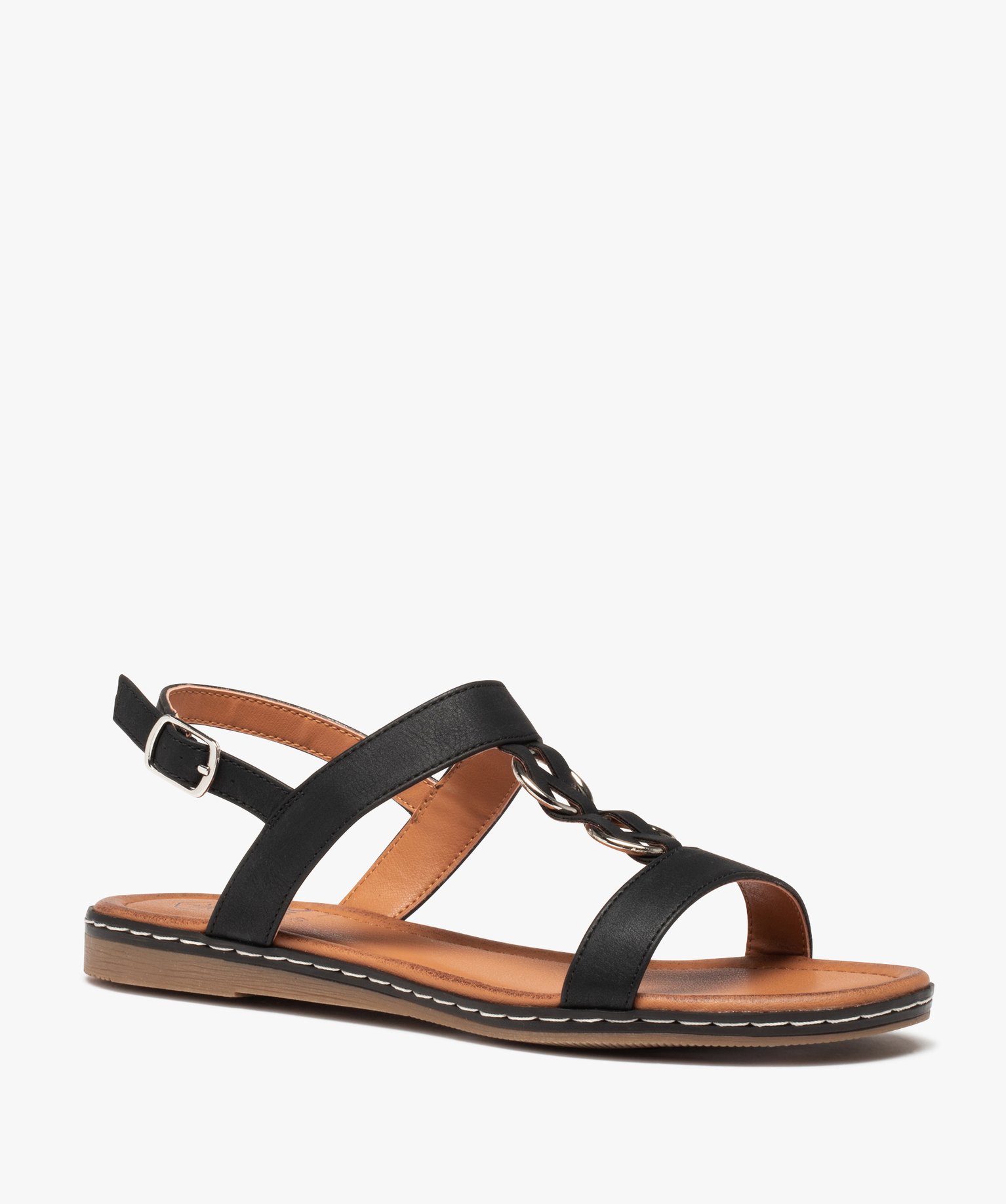 Sandales femme plates à brides unies et anneaux en métal noir | GEMO
